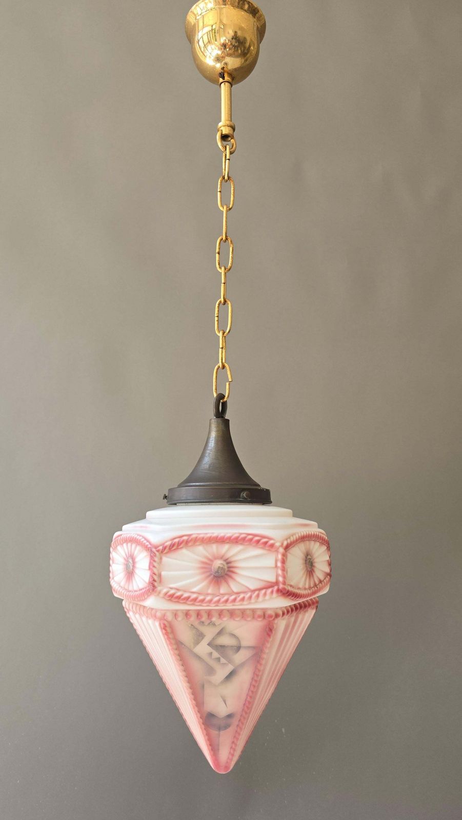 French Art Deco Style Pink Frosted Glass Pendant Lantern, Circa 1930 photo buy