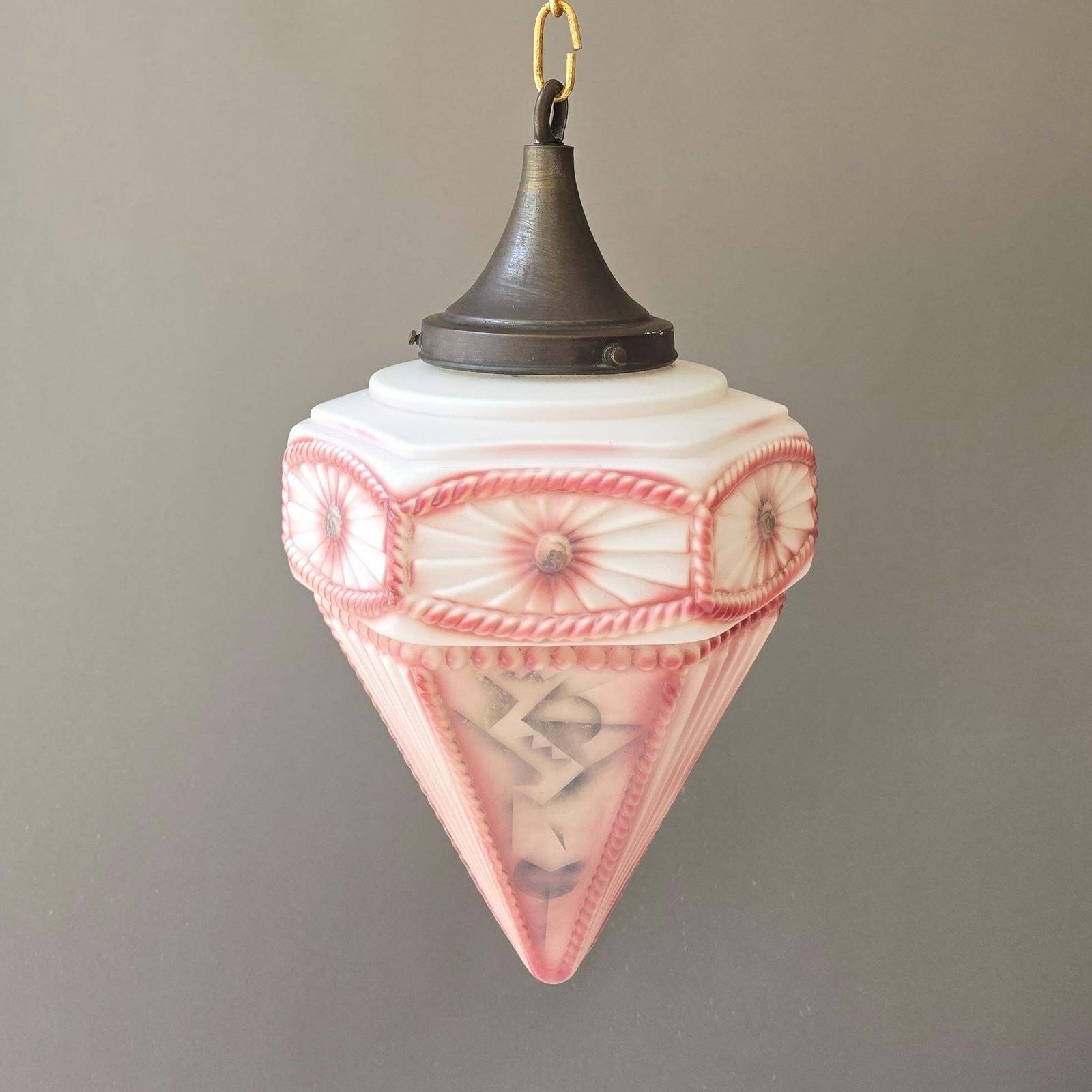 French Art Deco Style Pink Frosted Glass Pendant Lantern, Circa 1930 photo vintage
