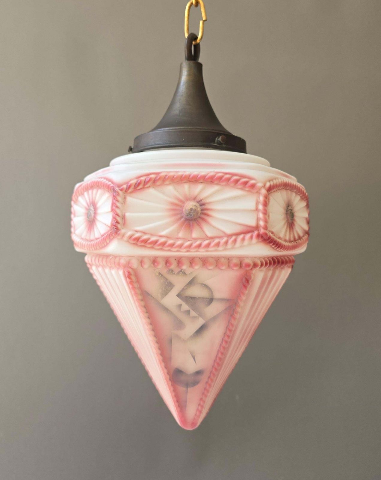 photo furniture French Art Deco Style Pink Frosted Glass Pendant Lantern, Circa 1930