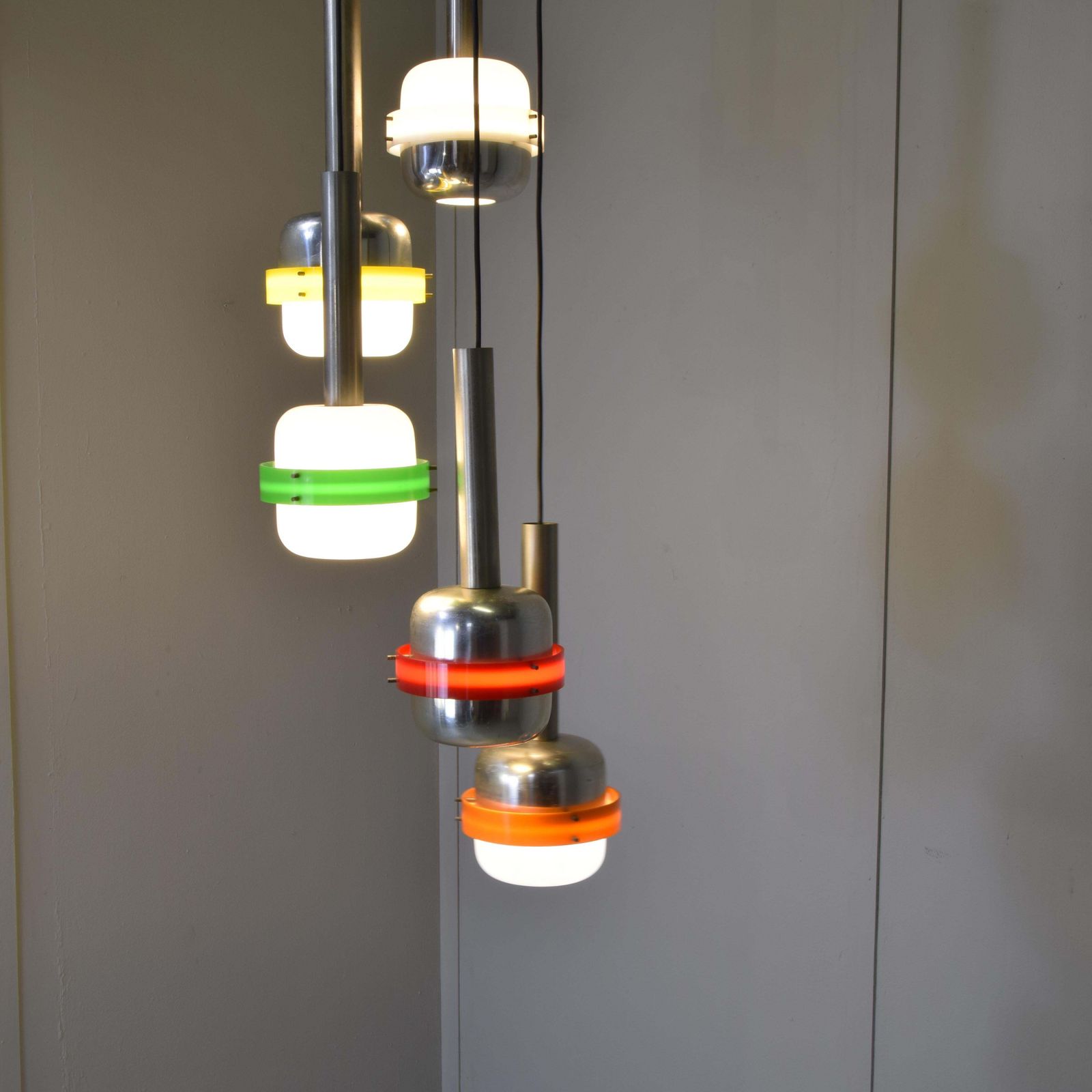 Stilnovo Style Pendant Light Five White Plexiglass Elements 1967 photo vintage