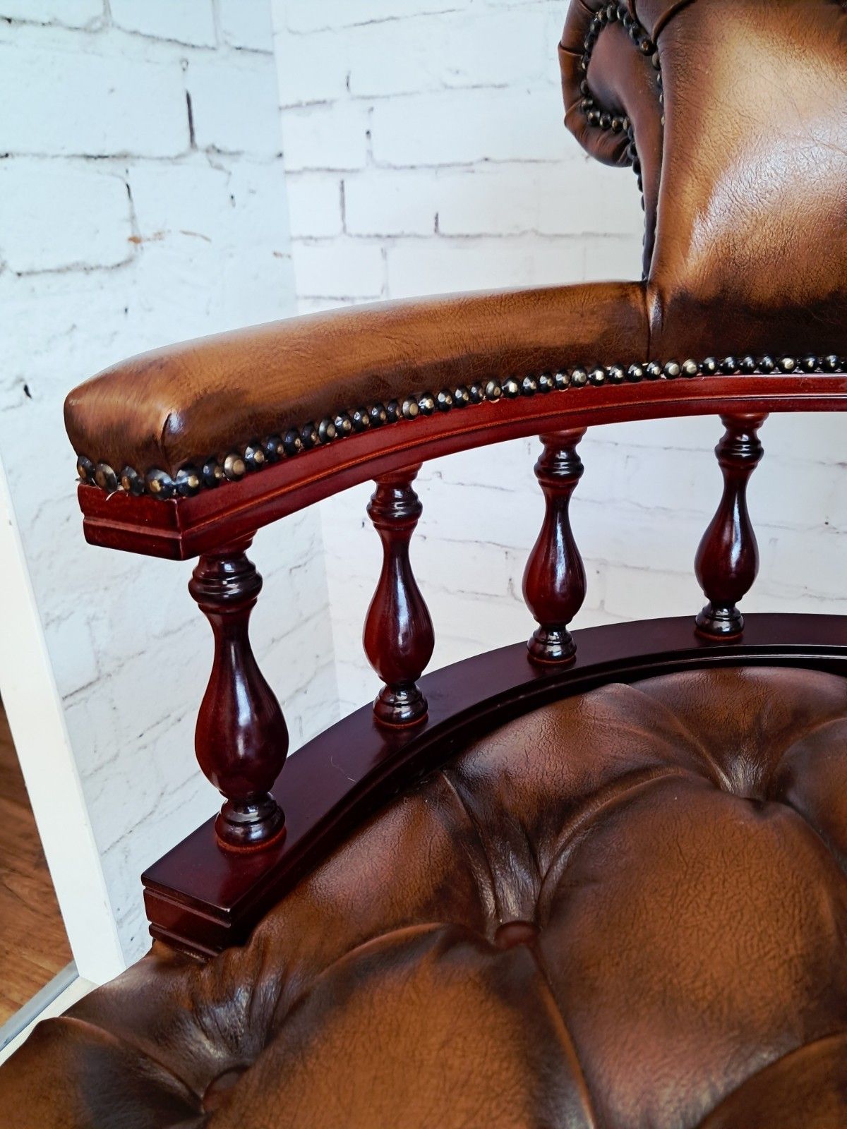 photo for sale Antique Style Captains Chair Chesterfield Style Brown Leather Swivel & Tilt Desk