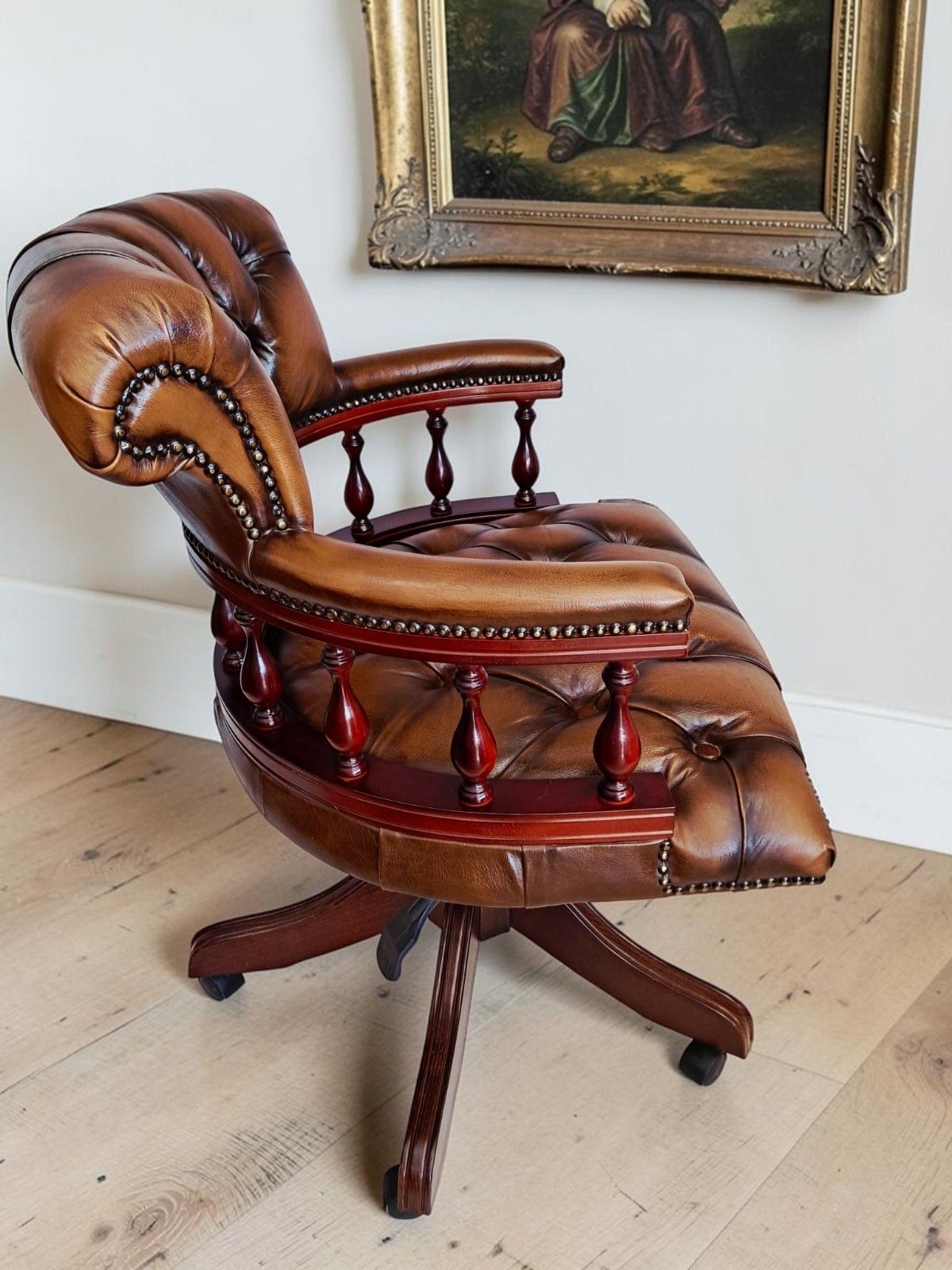 595.0 Antique Style Captains Chair Chesterfield Style Brown Leather Swivel & Tilt Desk photo
