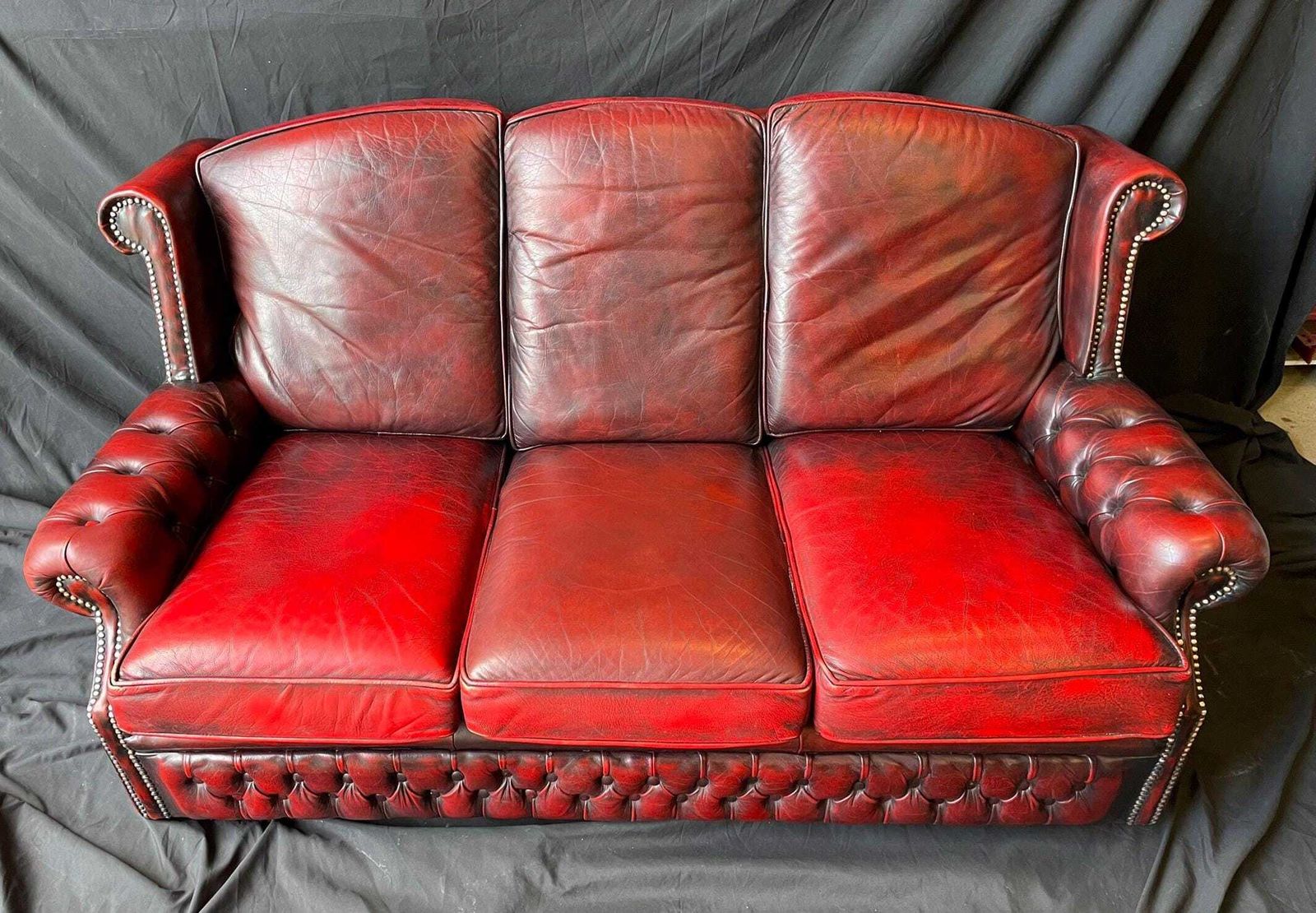 Furniture Vintage Oxblood Leather Sofa | Chesterfield Style Three Seater | Traditional Club Sofa photo