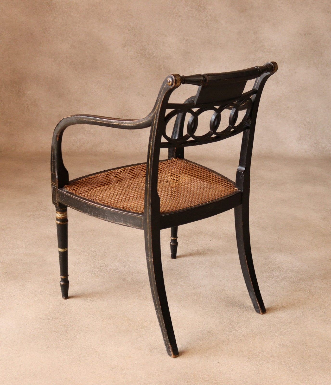 Antique Regency Ebonised Parcel Gilt Painted Elbow Chair Cane Seat Armchair photo buy