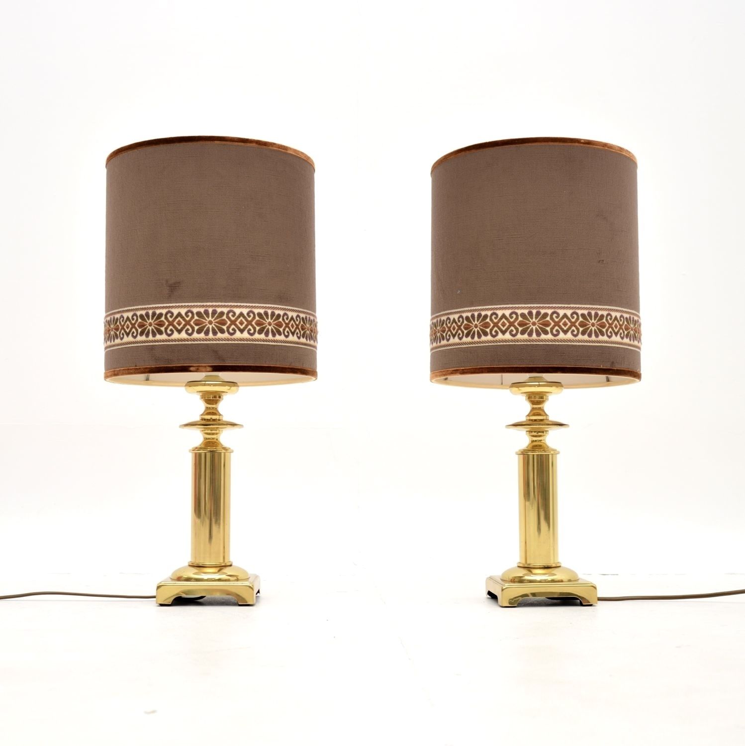 Pair Of Vintage Brass Table Lamps With Velvet Shades