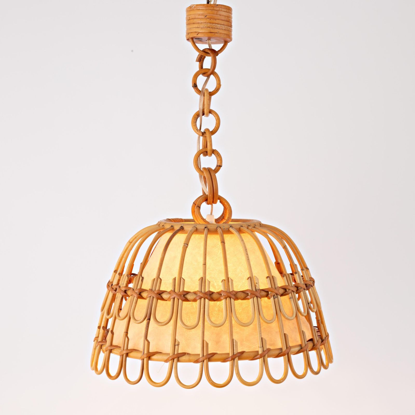 Mid Century Spanish French Riviera Bamboo Rattan Wicker Pendant Lamp 1960s Ceiling Light Boho Coastal Cote D'azur Pencil Reed Franco Albini photo vintage