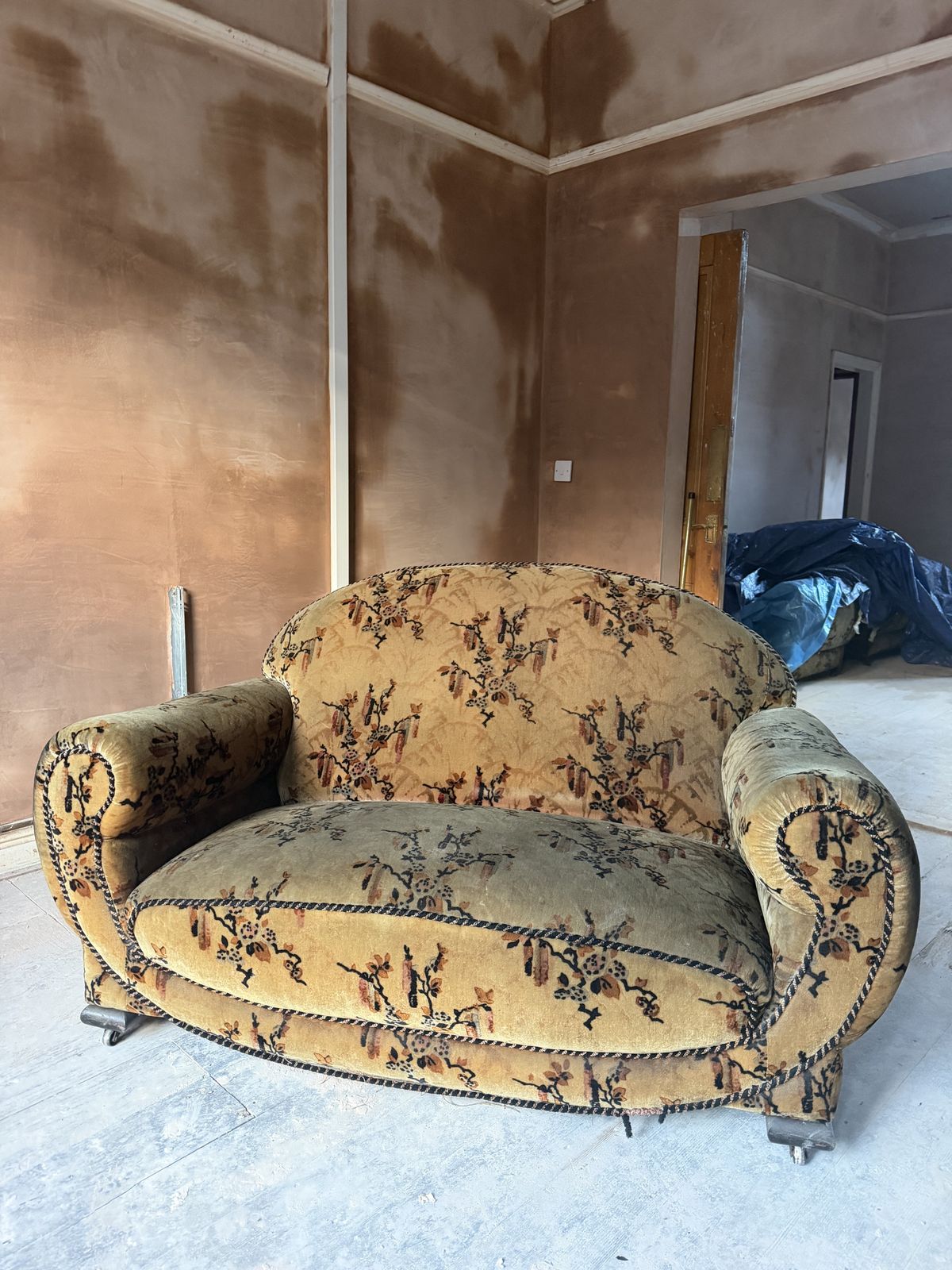 Antique Three Piece Upholstered Suite   Sofa & Matching Armchairs