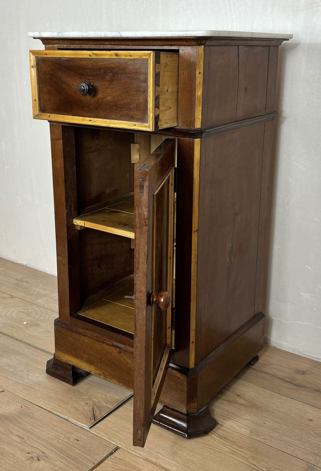 Pair Of Spanish Wooden Nightstands With Marble Top, 1930s photo vintage
