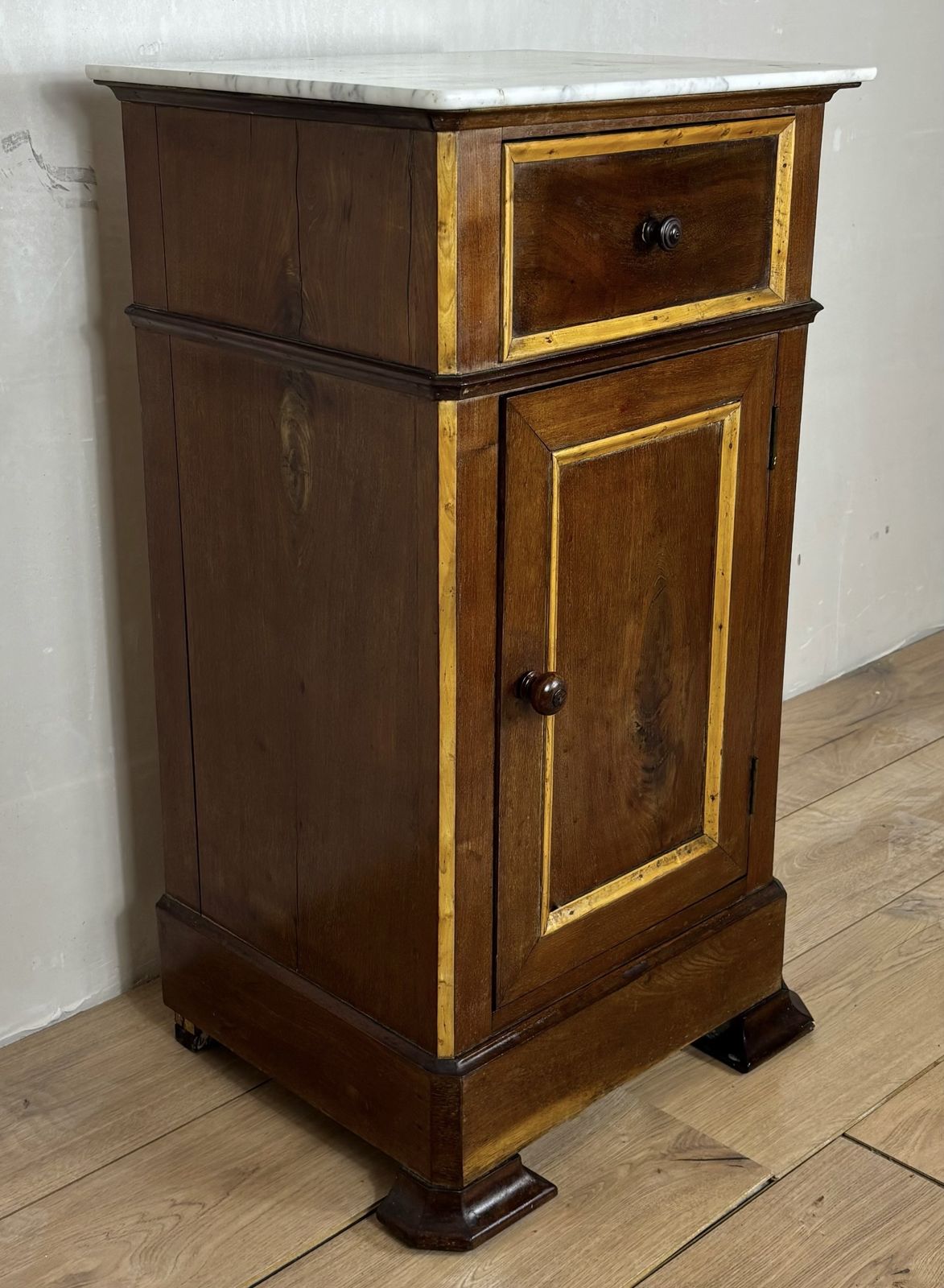 photo for sale Pair Of Spanish Wooden Nightstands With Marble Top, 1930s