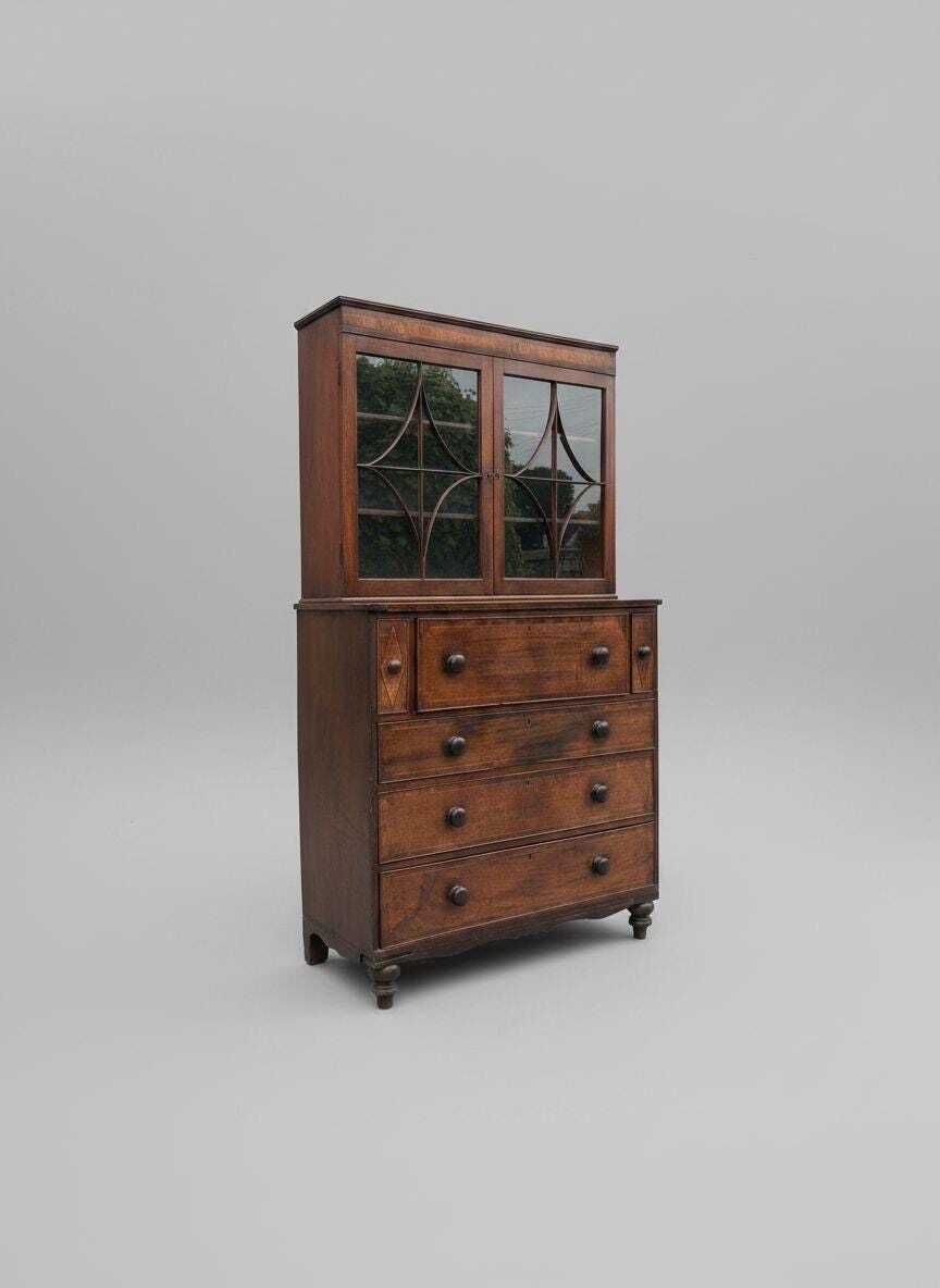 Beautiful Georgian Mahogany Inlaid Secretaire Bookcase, Classic 18th Century British Furniture Desk Design photo vinterior