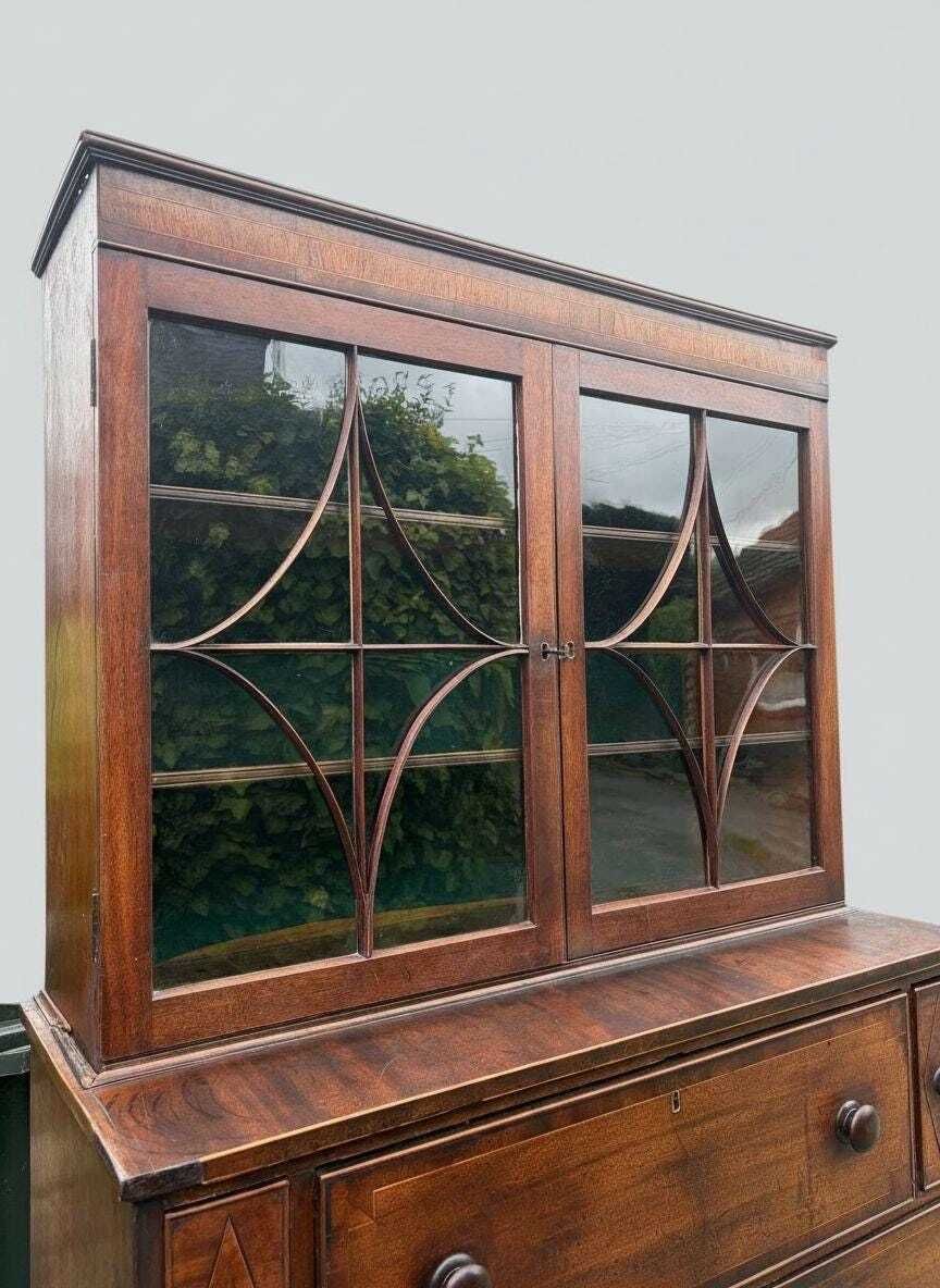 photo furniture Beautiful Georgian Mahogany Inlaid Secretaire Bookcase, Classic 18th Century British Furniture Desk Design
