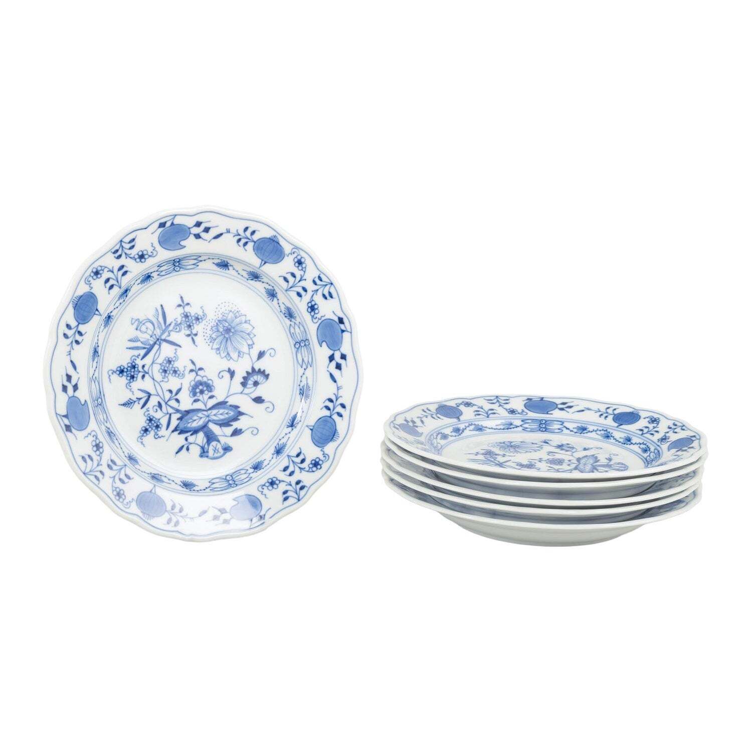 Meissen, Duitsland. 6 Porseleinen Saladeborden. "Blue Onion" Patroon. Eind 20e Eeuw.