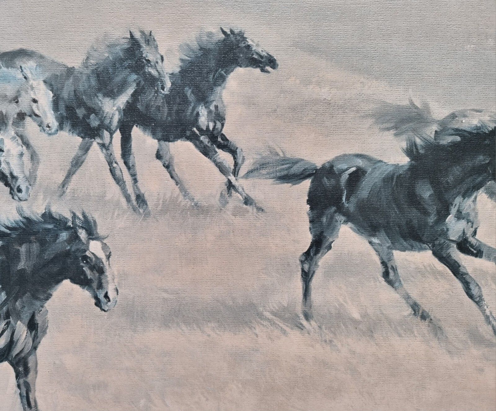 Large Mid Century Print On Board Wild & Free Horses Harland Young Framed 1960's photo vintage