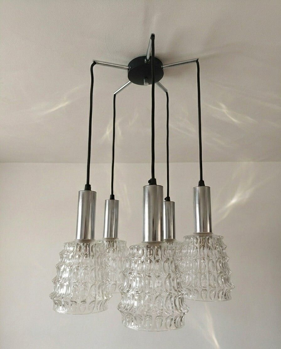 Vintage Mcm 5 Arm Chrome Chandelier Pineapple Glass Lamp Shades 1960s Space Age.
