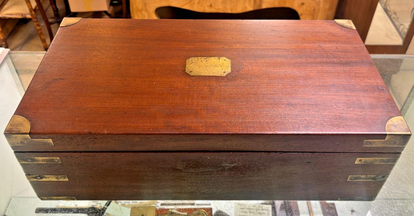 Antique Late 19th Century Mahogany Writing Slope With Drawer & Brass Handles