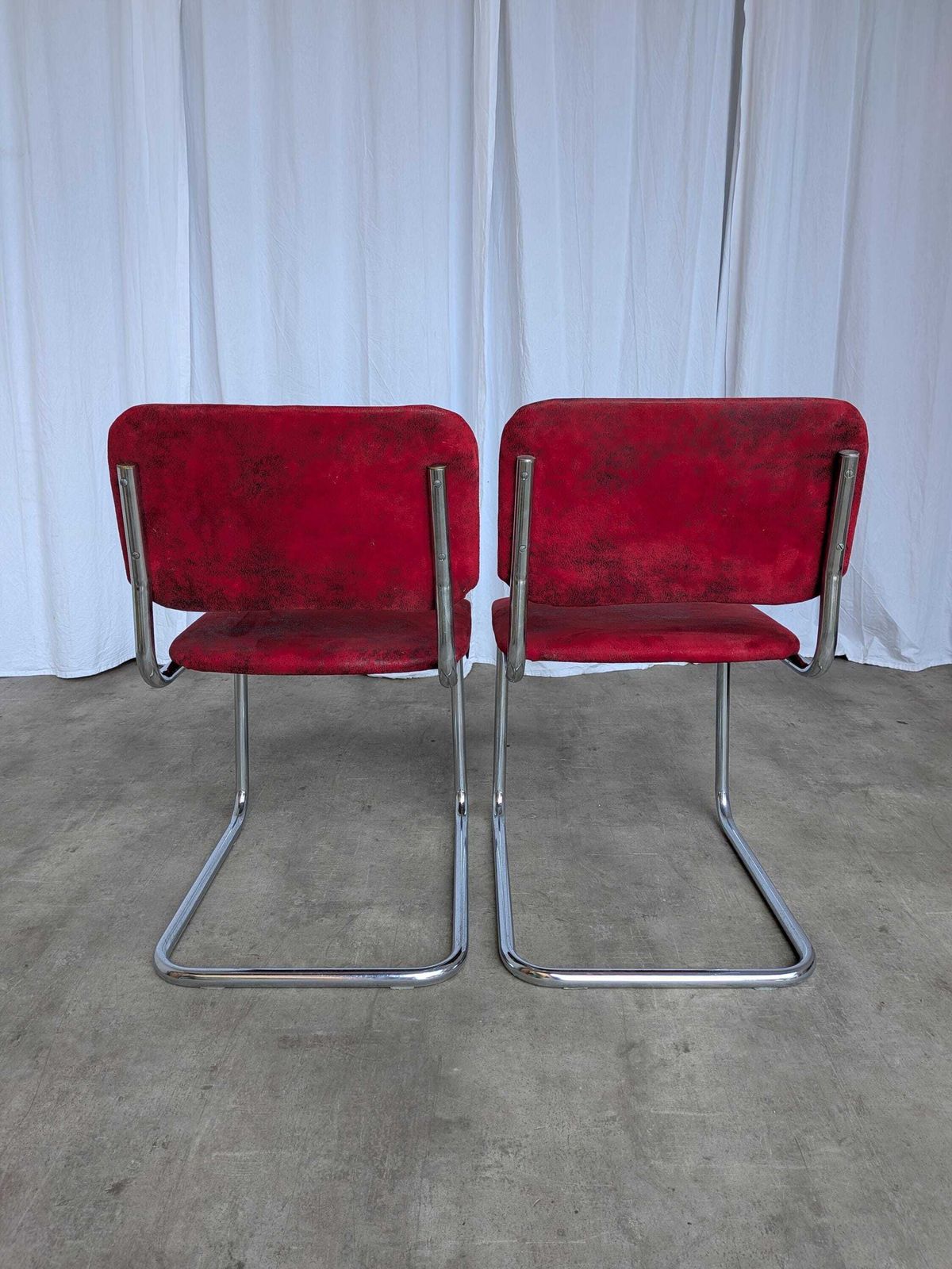 photo for sale Set Of 2 Cesca Style Dining Chair: Red Fabric, Tubular Chrome Frame, 1970s