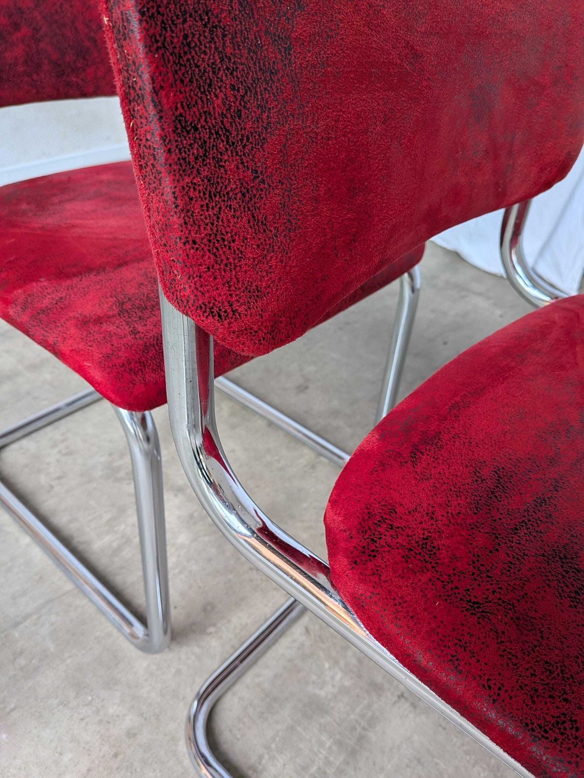 photo vinterior Set Of 2 Cesca Style Dining Chair: Red Fabric, Tubular Chrome Frame, 1970s