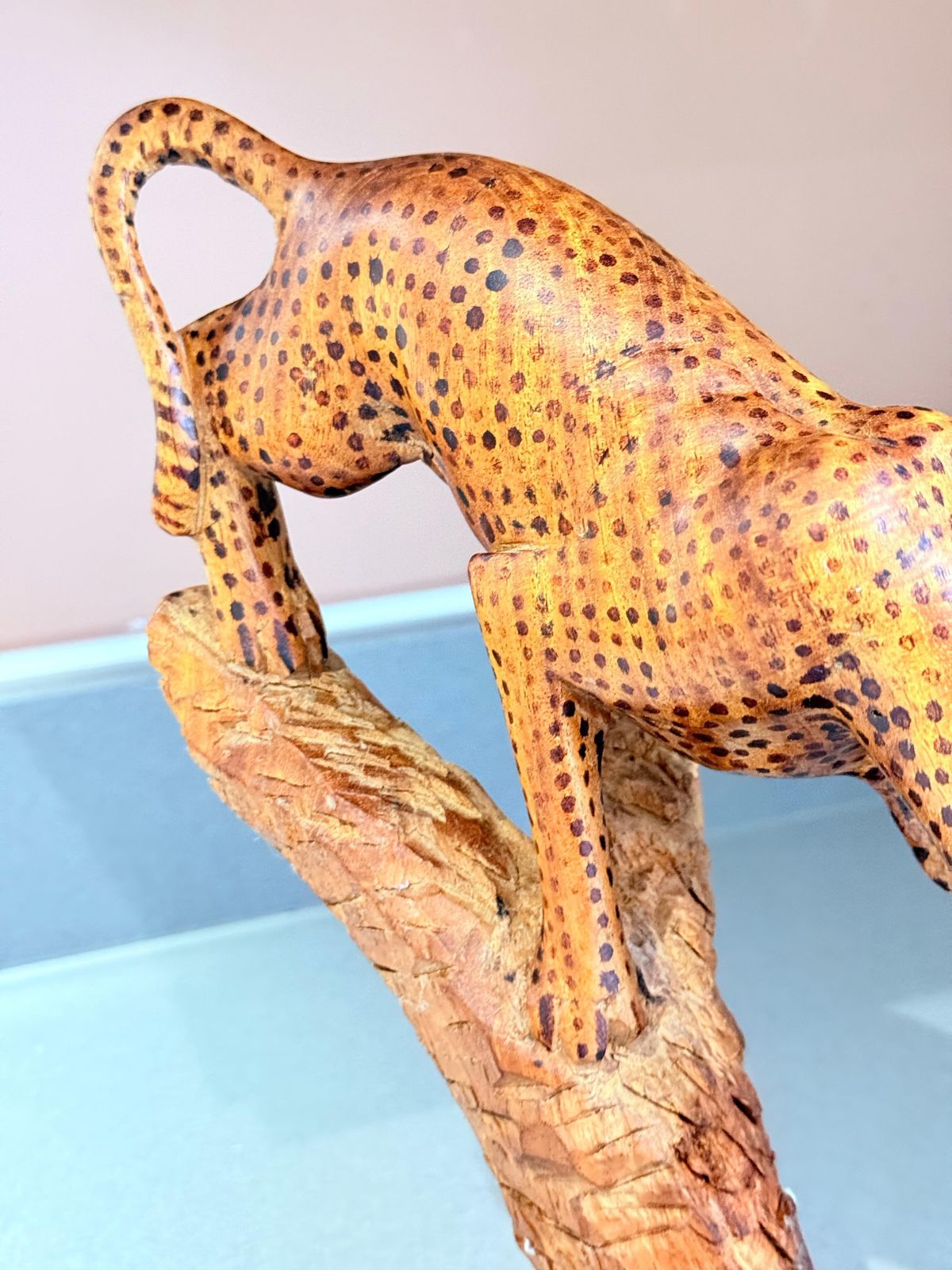 Hand Carved African Leopard Sculpture On Tree Trunk, Tribal Folk Art Figure photo buy