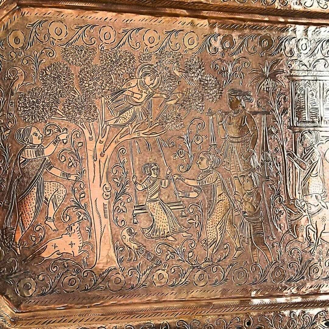 Large Antique Indian Brass Tray Finely Hand Engraved Court Scene Rectangular Shape L 22.5'' Could Be Hanged photo furniture