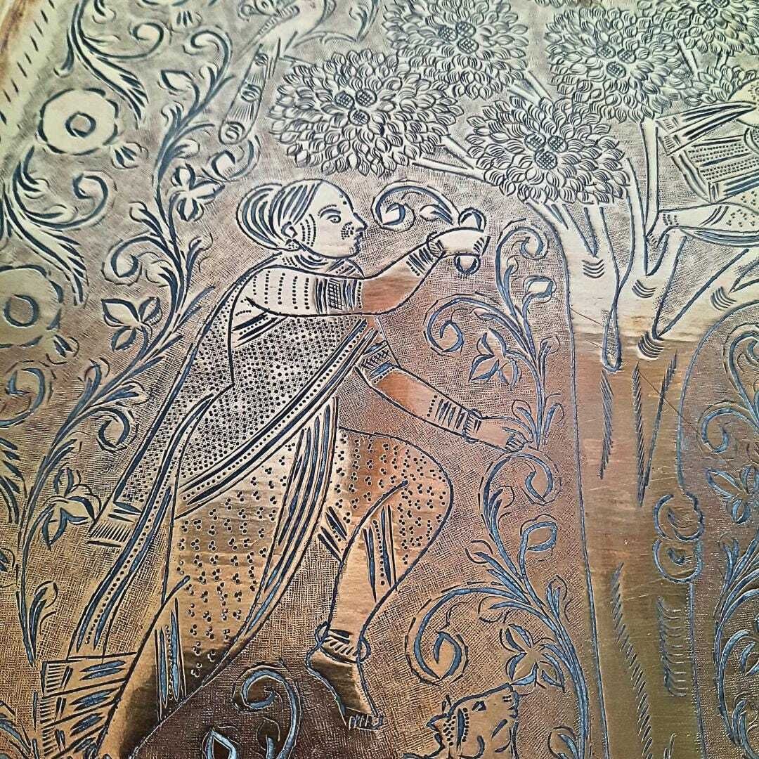 Large Antique Indian Brass Tray Finely Hand Engraved Court Scene Rectangular Shape L 22.5'' Could Be Hanged photo vintage