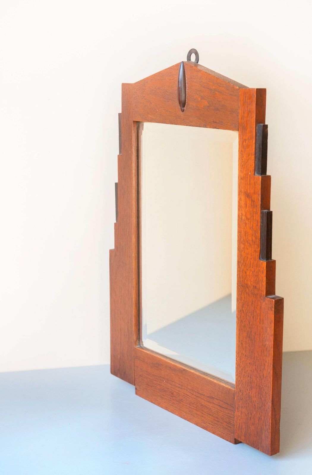 Art Deco Wall Mirror With Beveled Glass   Dutch Antique Mirror   Amsterdam School Wooden Mirror   1920s Geometric Stepped Oak Frame photo 289.0