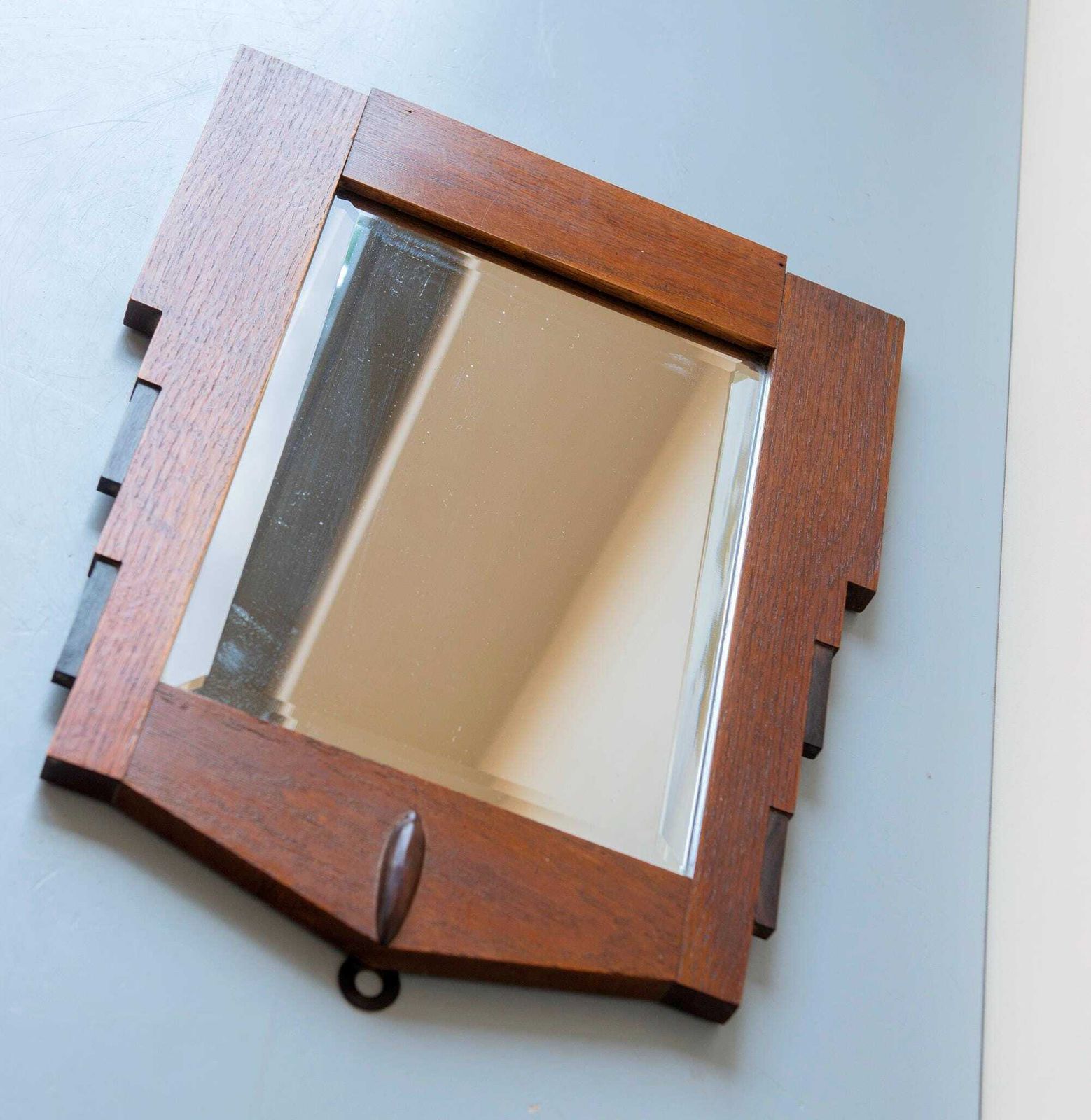 photo furniture Art Deco Wall Mirror With Beveled Glass   Dutch Antique Mirror   Amsterdam School Wooden Mirror   1920s Geometric Stepped Oak Frame