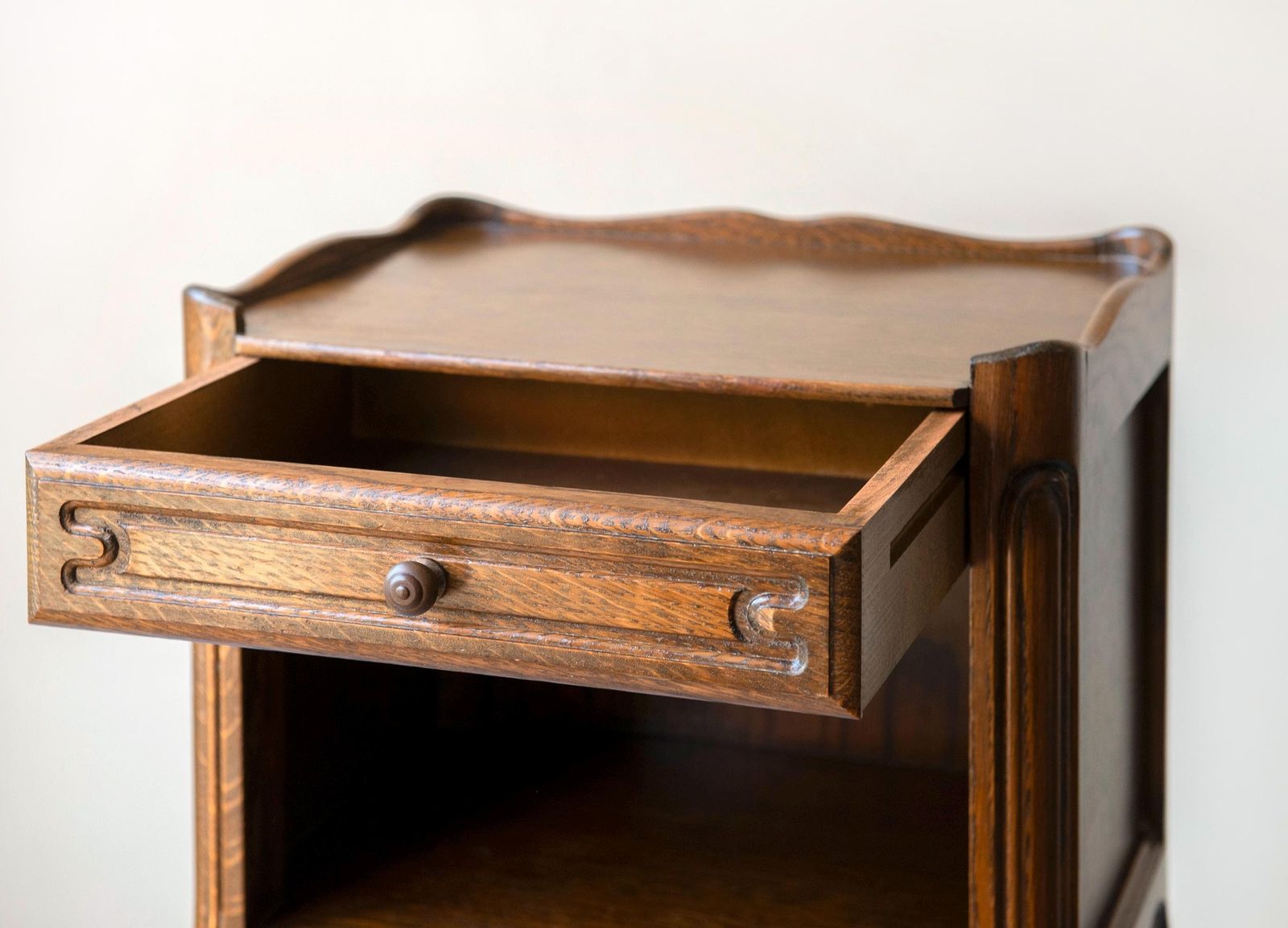 photo vinterior Antique Oak Bedside Table   French Louis XV Style Nightstand With Drawer   Vintage Small Side Cabinet