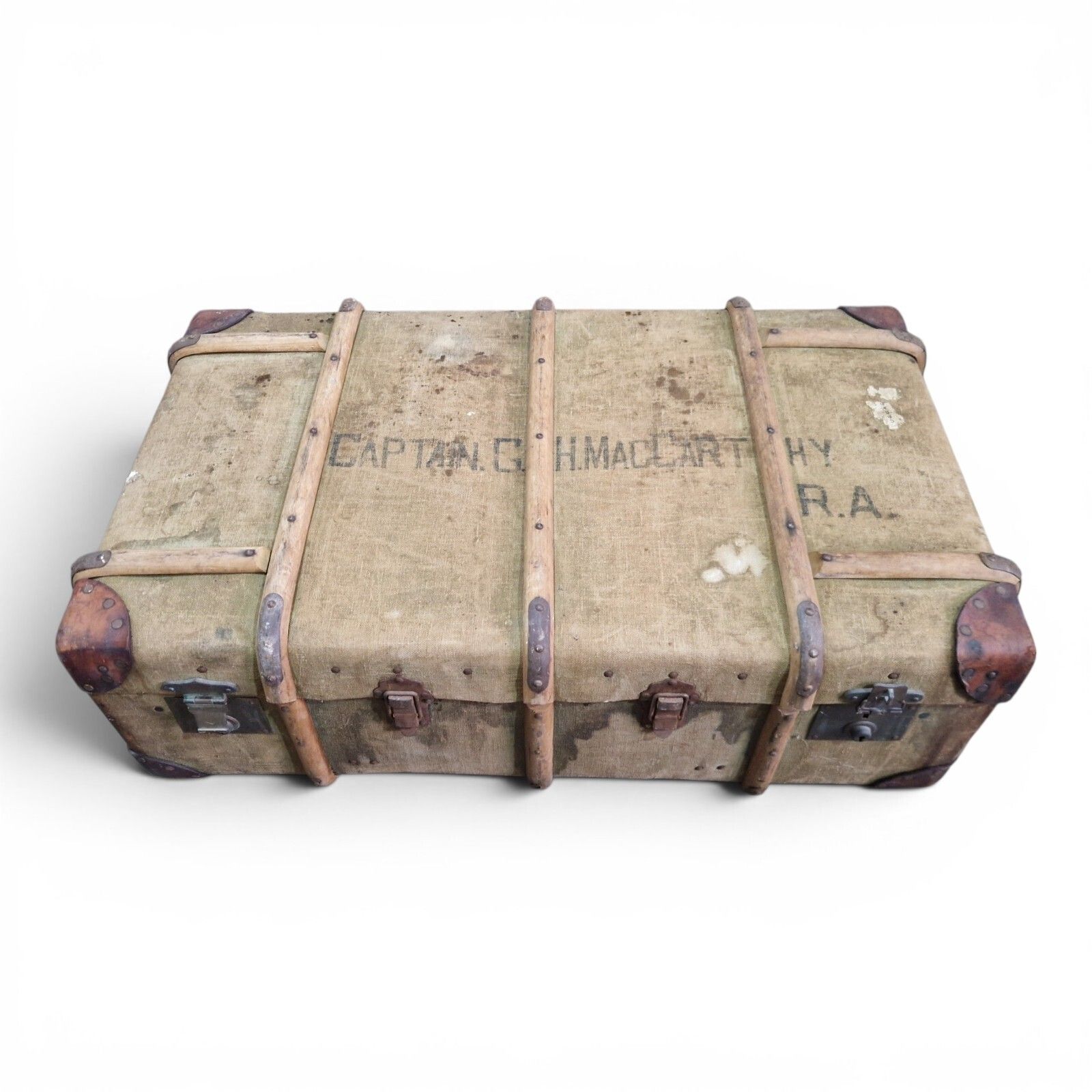 Antique Military Canvas Covered Steamer Trunk Campaign Chest Ra Rm Travel Case photo furniture