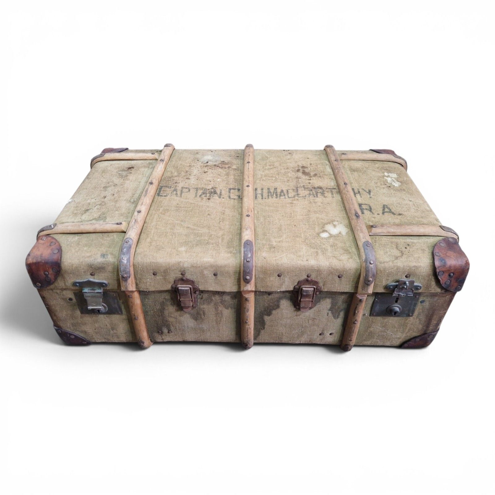 Antique Military Canvas Covered Steamer Trunk Campaign Chest Ra Rm Travel Case photo for sale