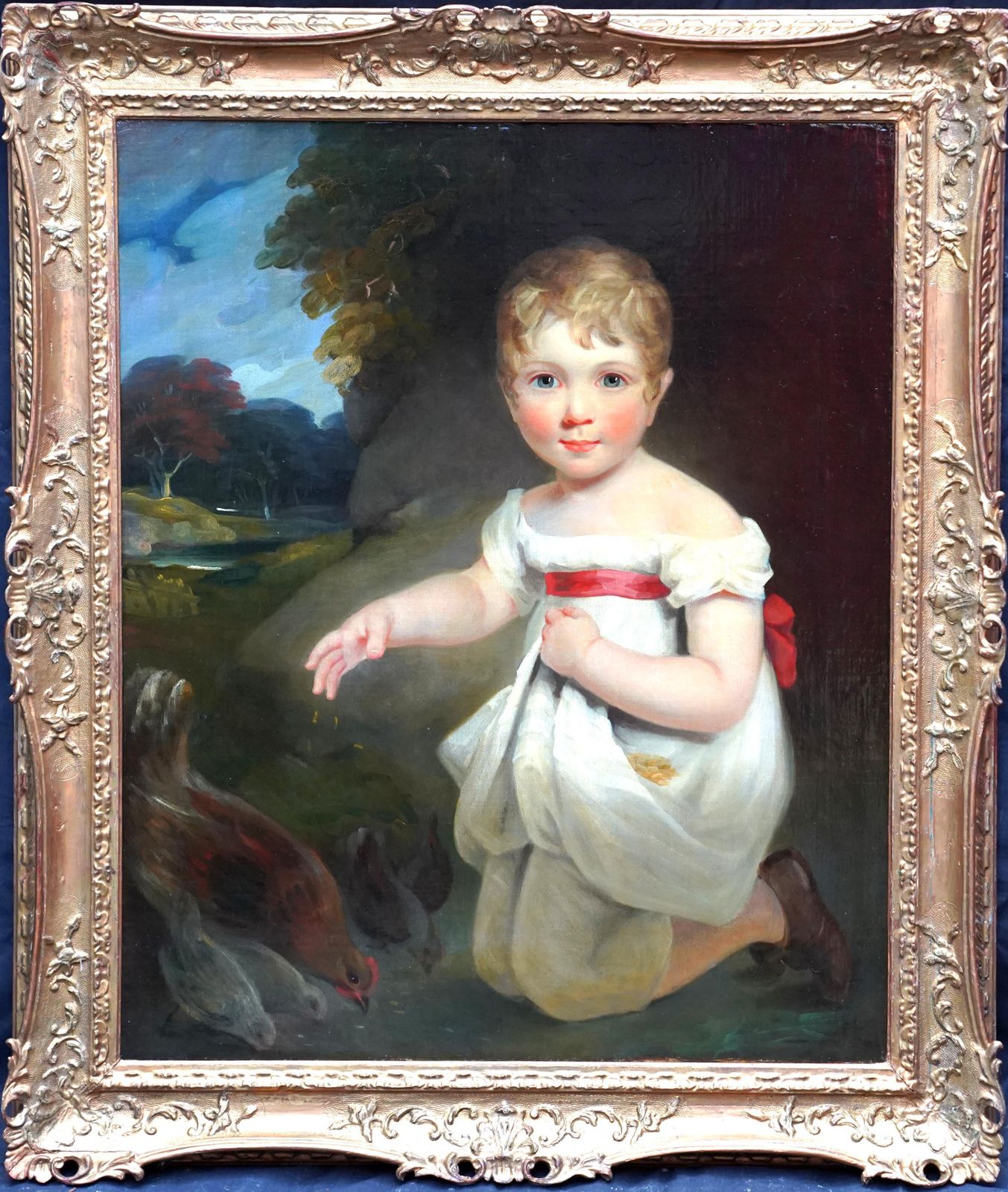 photo vintage William Owen Portrait Of Young Girl Feeding Chickens   British 19th Century Art Oil Painting Circa 1810