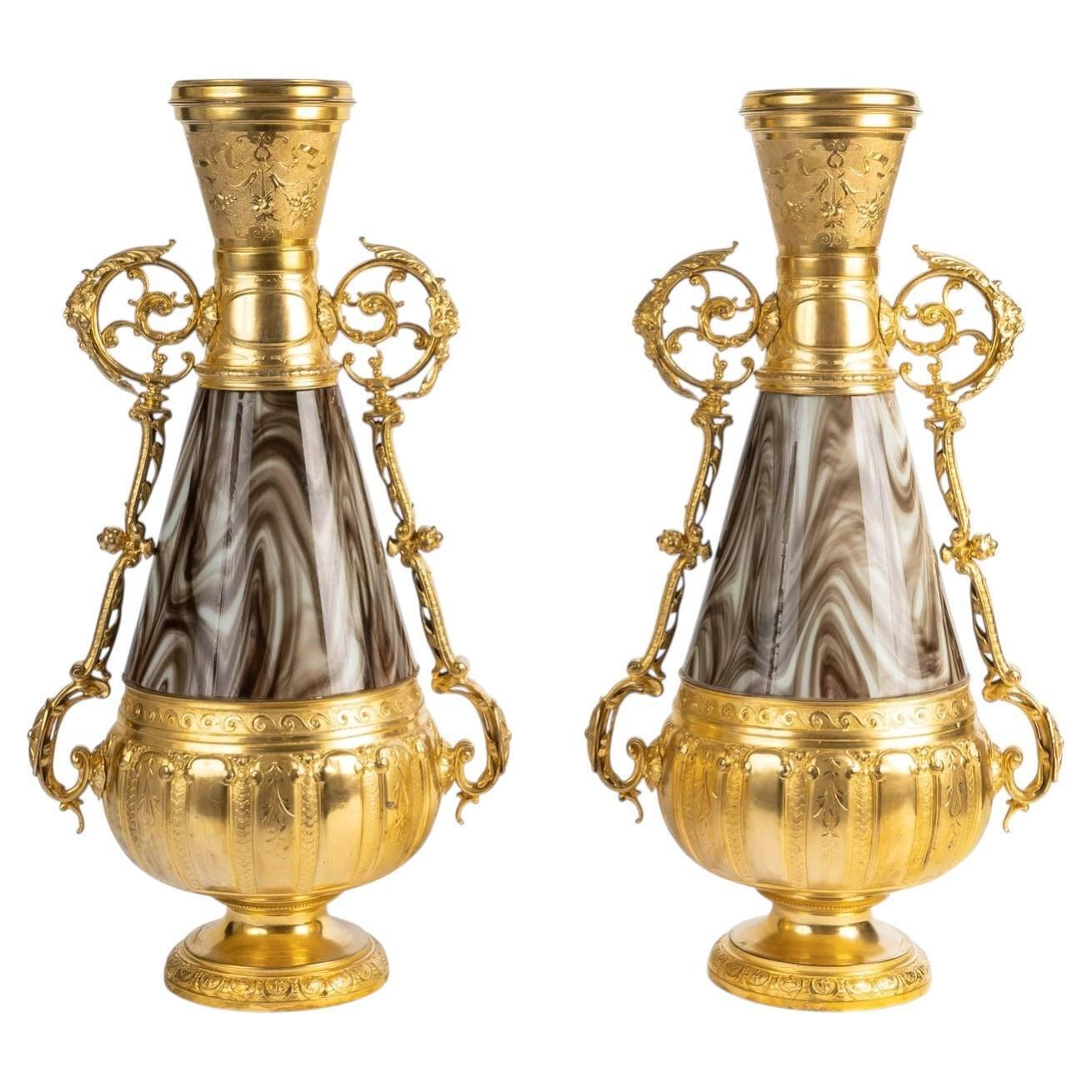 Pair Of 19th Century Vases, Opaline Glass And Gilded Regule, Napoleon III Period
