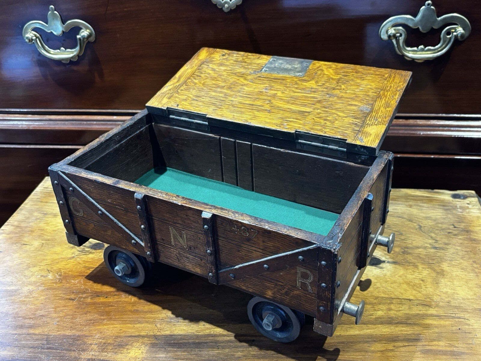 Antique Novelty Railway Coal Truck Trinket Box, Desk Box, Jewellery Box photo for sale