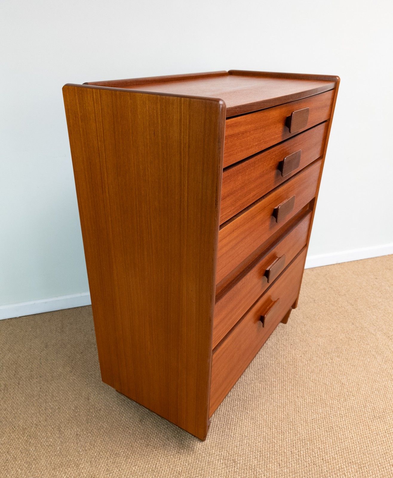 Refinished Vintage Mid Century Teak White Newton Tall Boy Chest Of Drawers 102cm photo buy