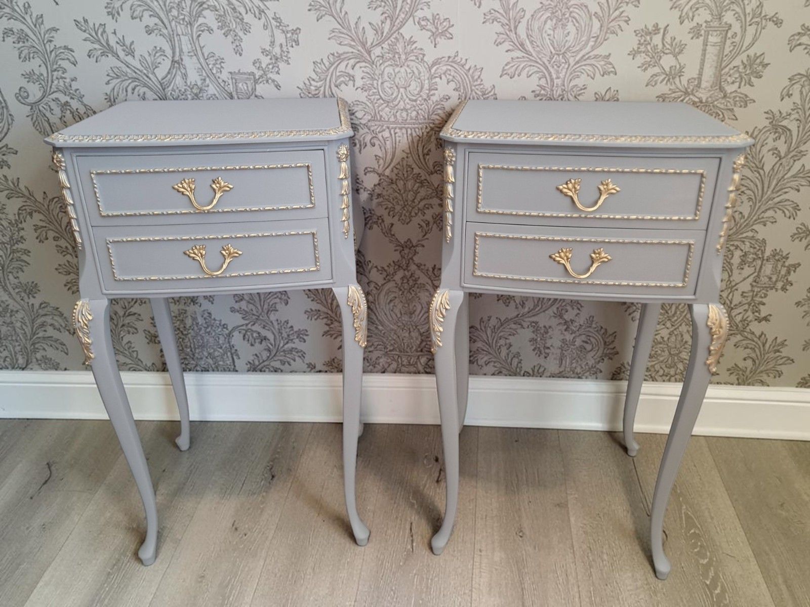 Antique Pair Louis XV Style Bedside Tables Hand Painted Grey French Cabinets