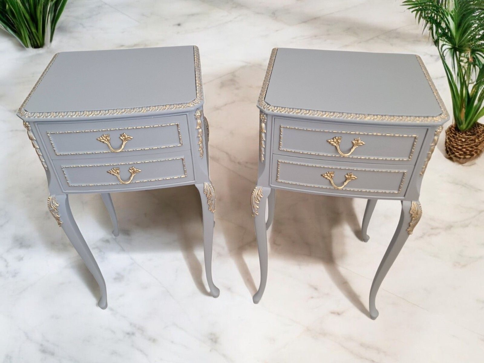 Antique Pair Louis XV Style Bedside Tables Hand Painted Grey French Cabinets photo 495.0