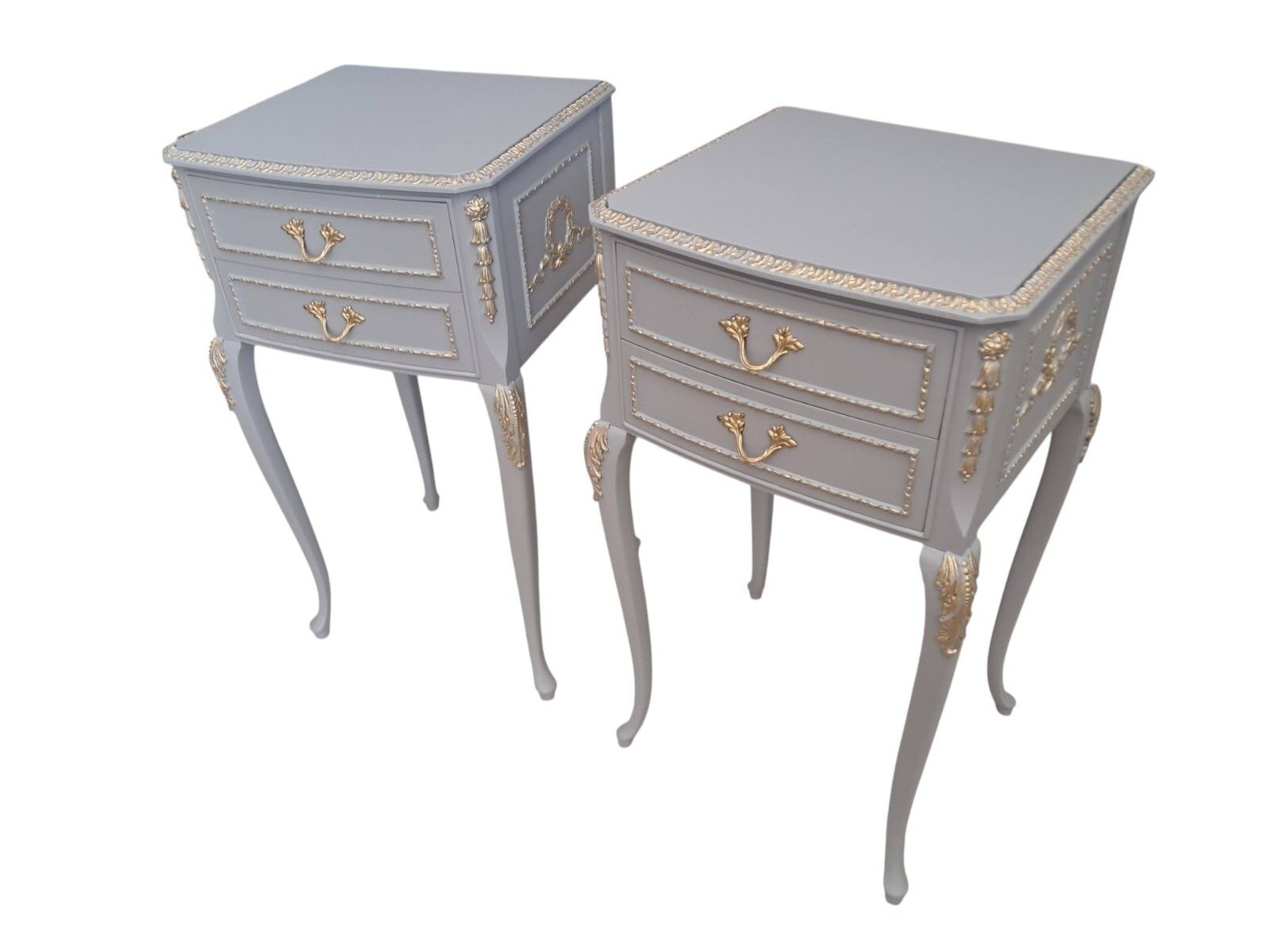 photo for sale Antique Pair Louis XV Style Bedside Tables Hand Painted Grey French Cabinets
