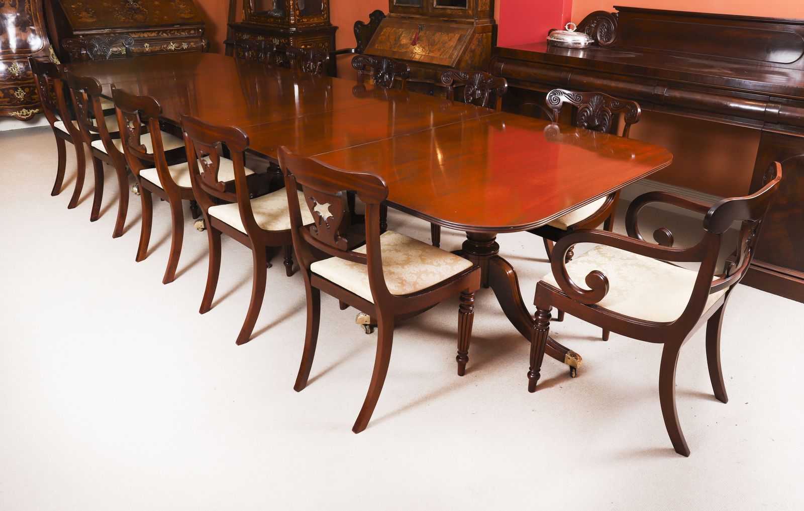 13ft Regency Revival Triple Pillar Dining Table By Whytock & Reid C1900 photo for sale