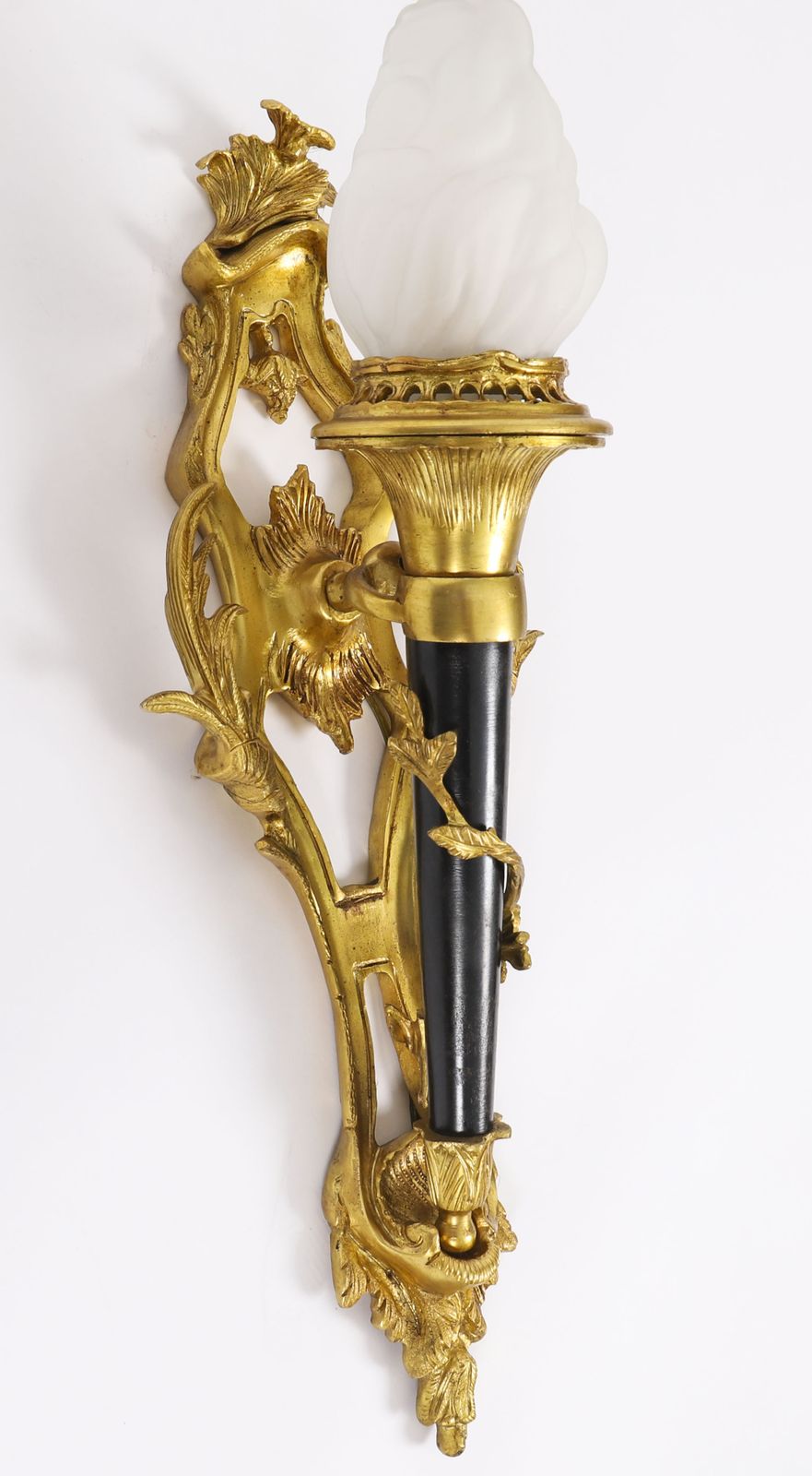 Pair Rococo Revival Ormolu & Glass Flaming Torch Wall Lights C.1900 photo vintage