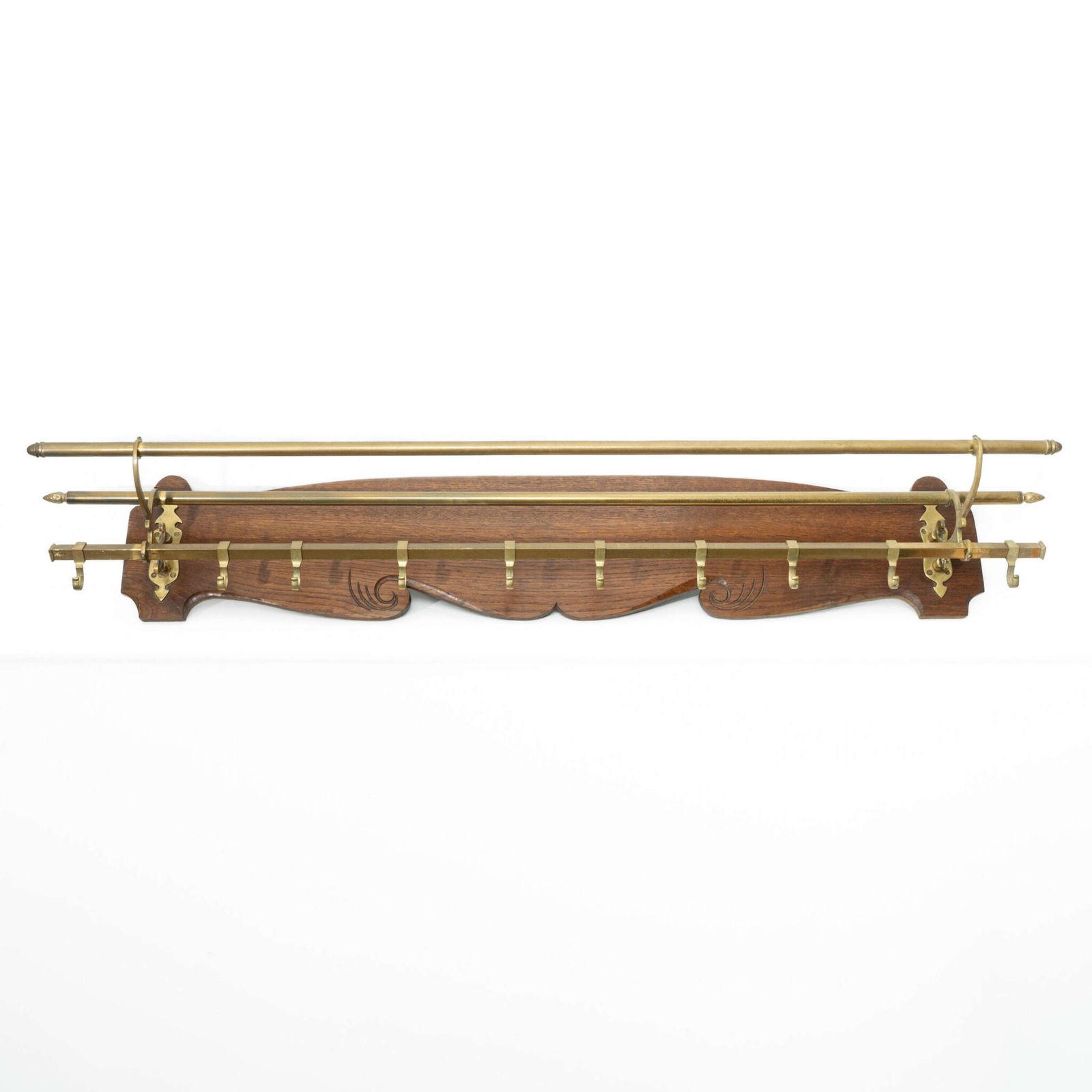 Large Oak Mounted Brass Coat Rack photo furniture