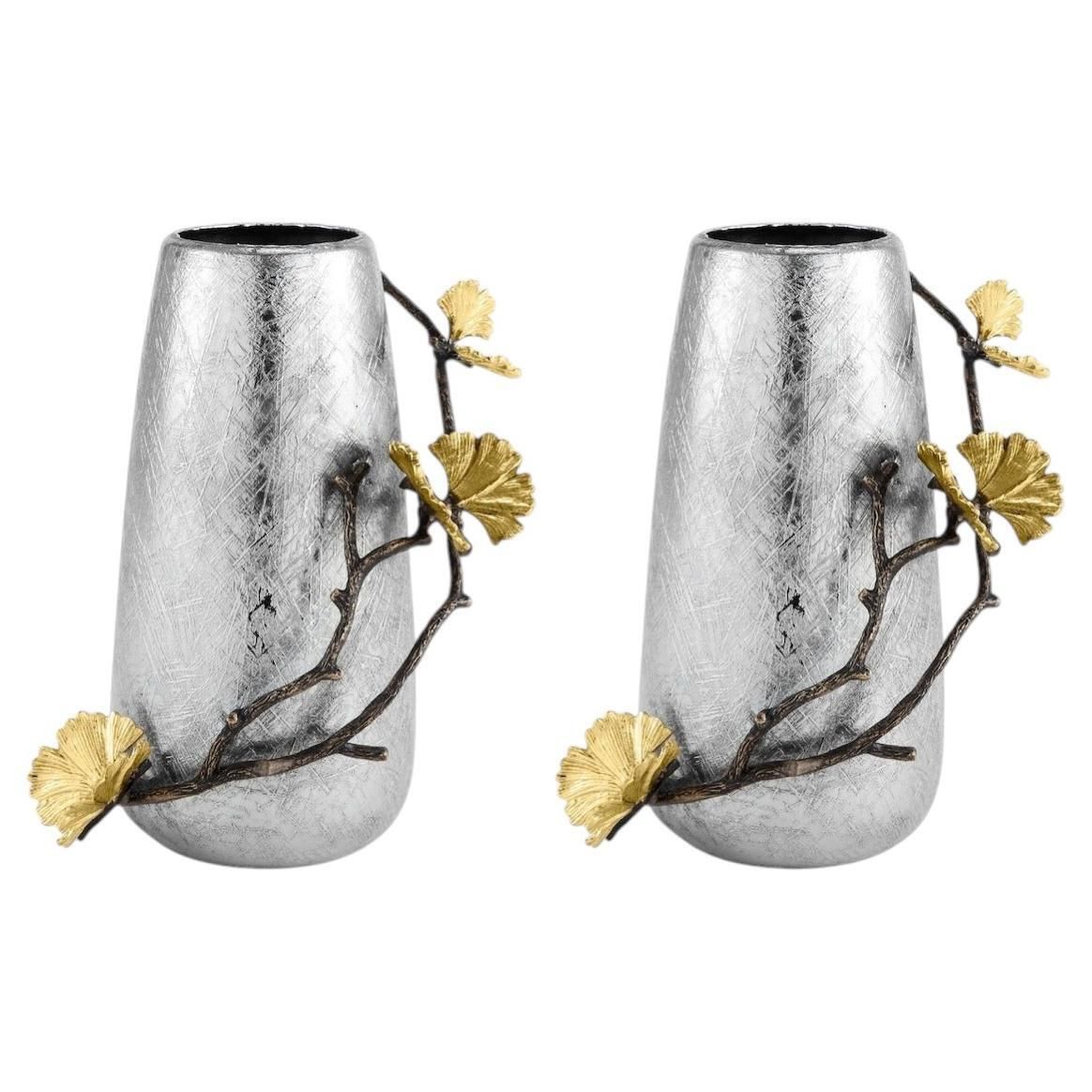 Pair Of Small Contemporary Silver Metal Ginkgo Vase With Gold Leaves