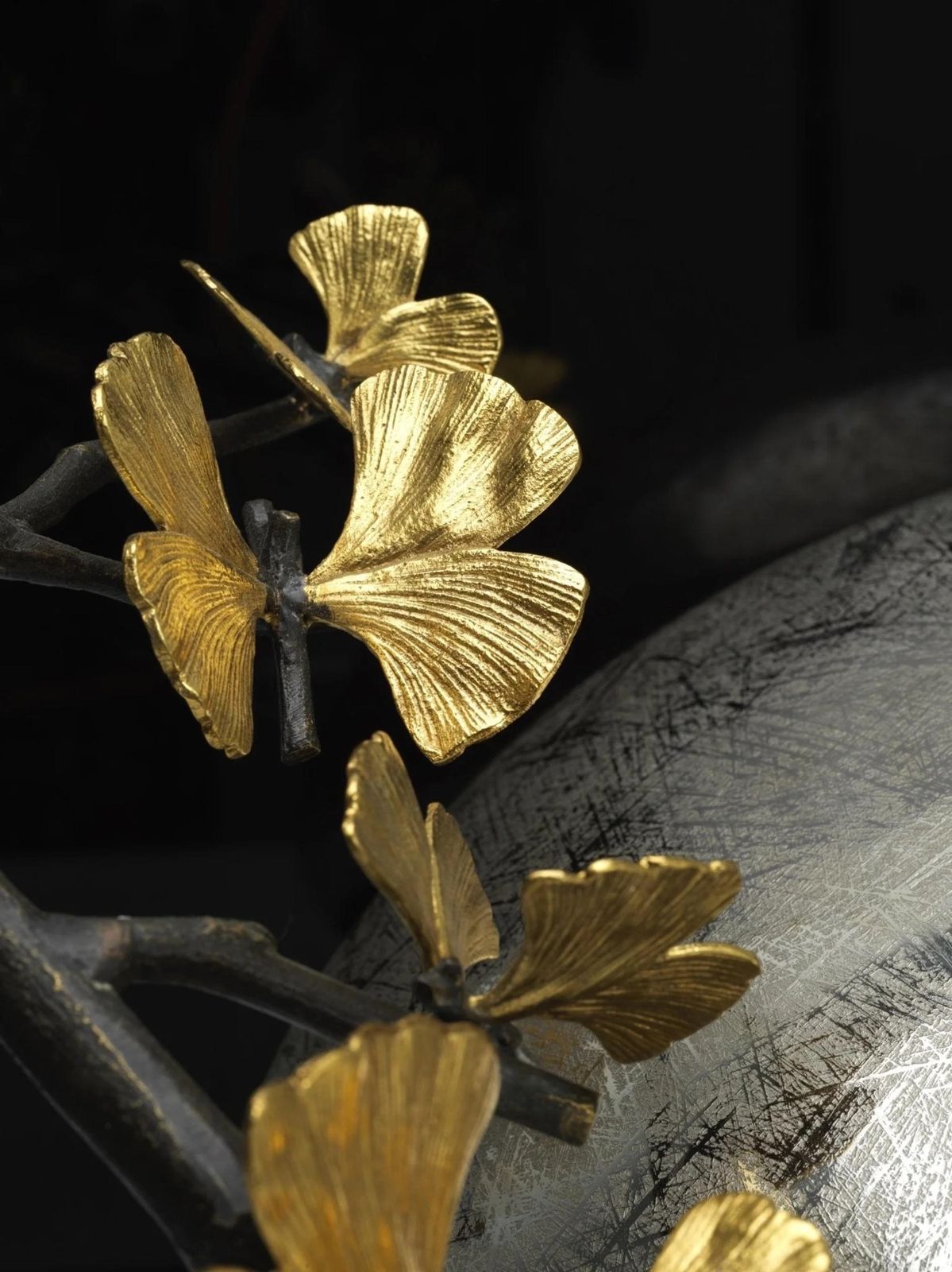 Pair Of Small Contemporary Silver Metal Ginkgo Vase With Gold Leaves photo Home Decor