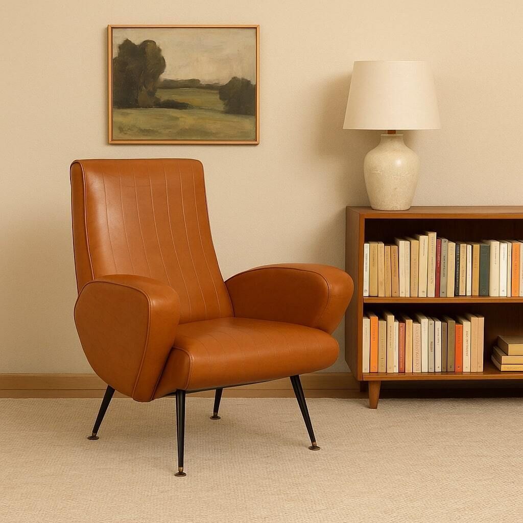 Petit fauteuil vintage en similicuir, métal et laiton, années 1950-1960 photo furniture
