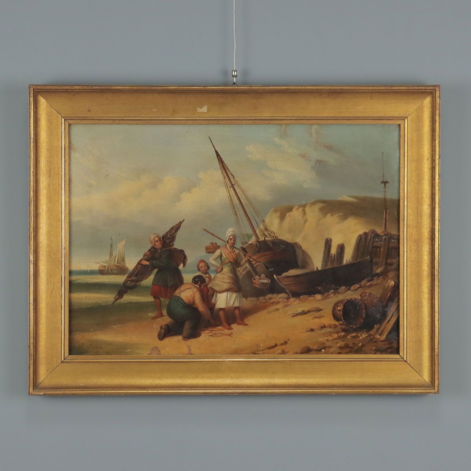 The Sale Of Fresh Fish Antique Painting Oil On Canvas XIX Century
