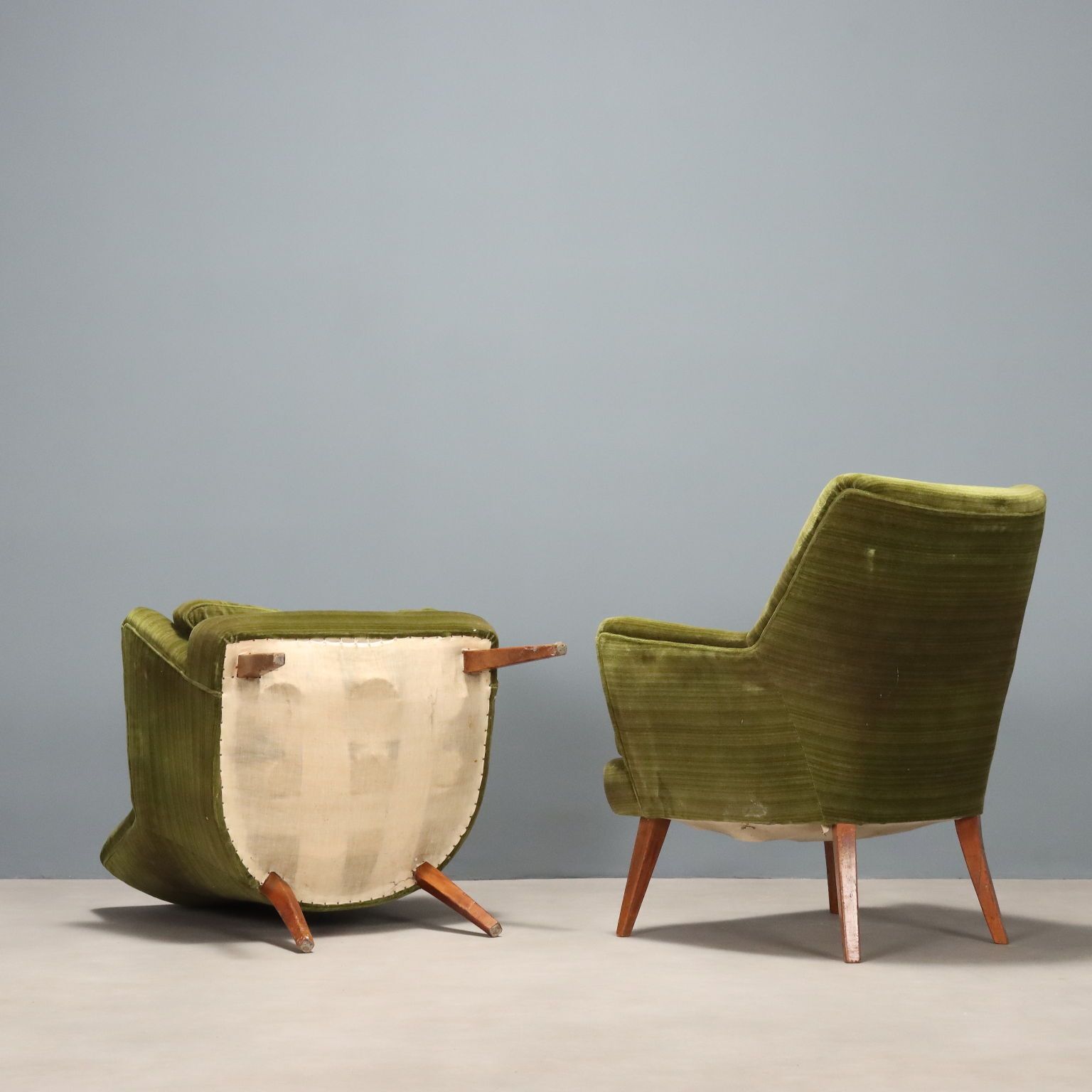 photo for sale Vintage Armchairs Green Velvet Wood Design Italy 1950s