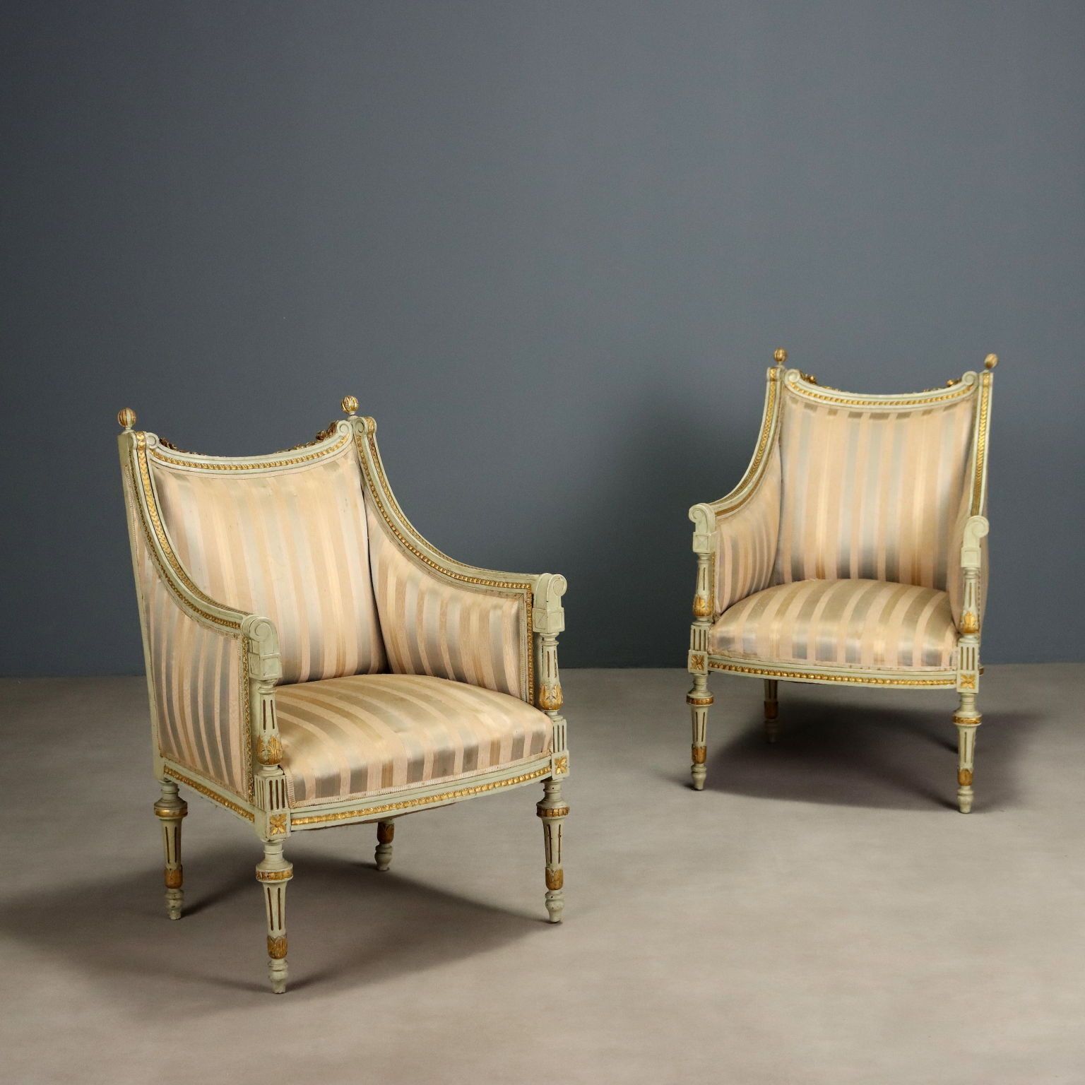 Antique Armchairs Carved Lacquered Wood Fabric XIX Century