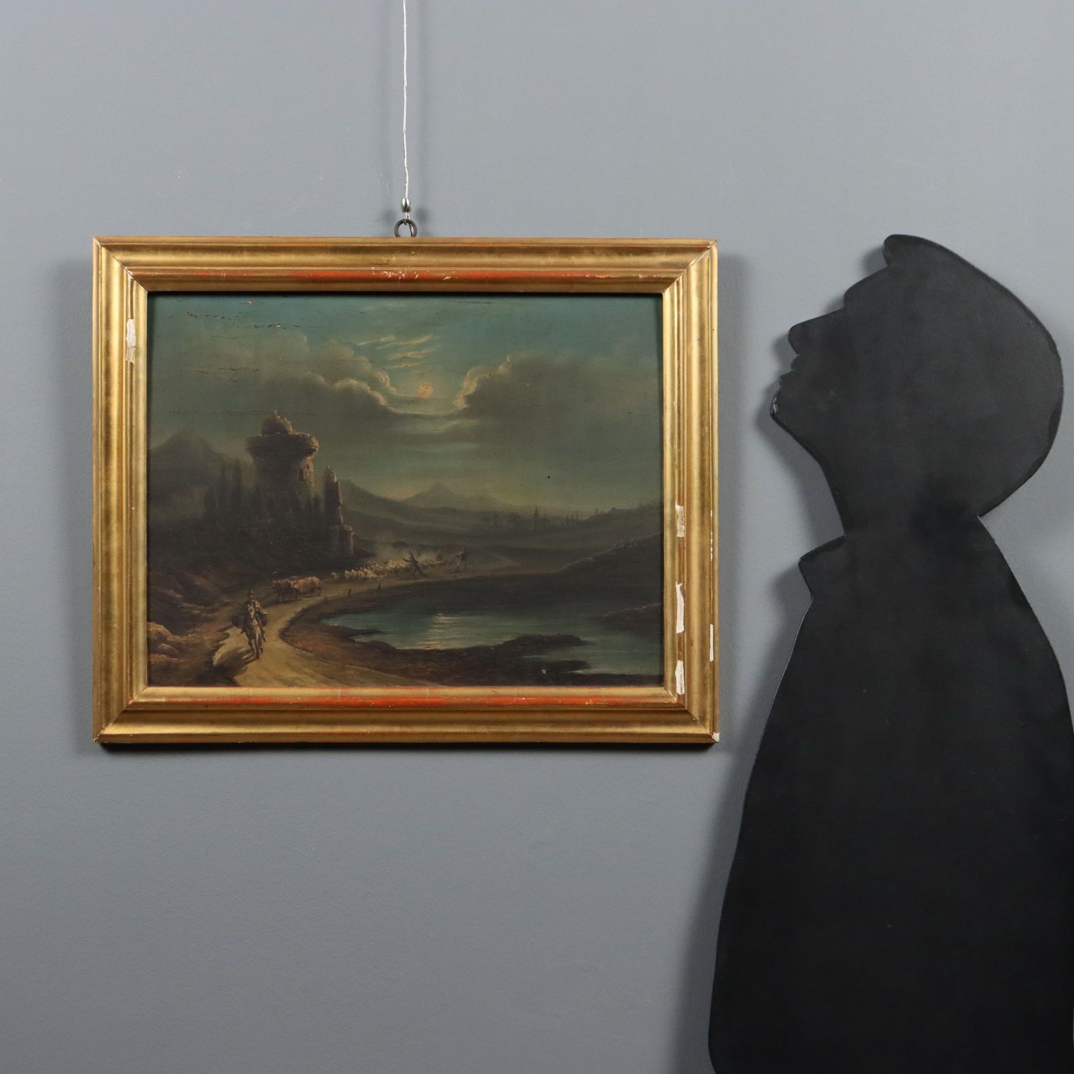Antique Painting Night Landscape Oil On Hardboard XIX Century photo furniture