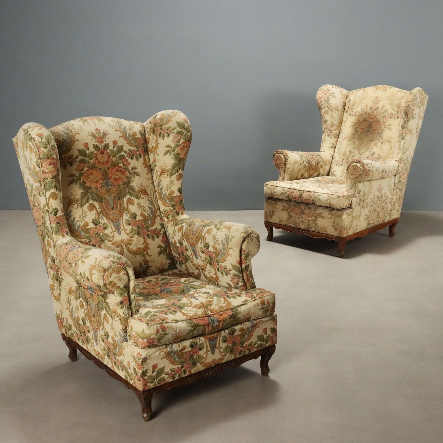 Antique Bergere Armchairs Beech Fabric Italy XX Century
