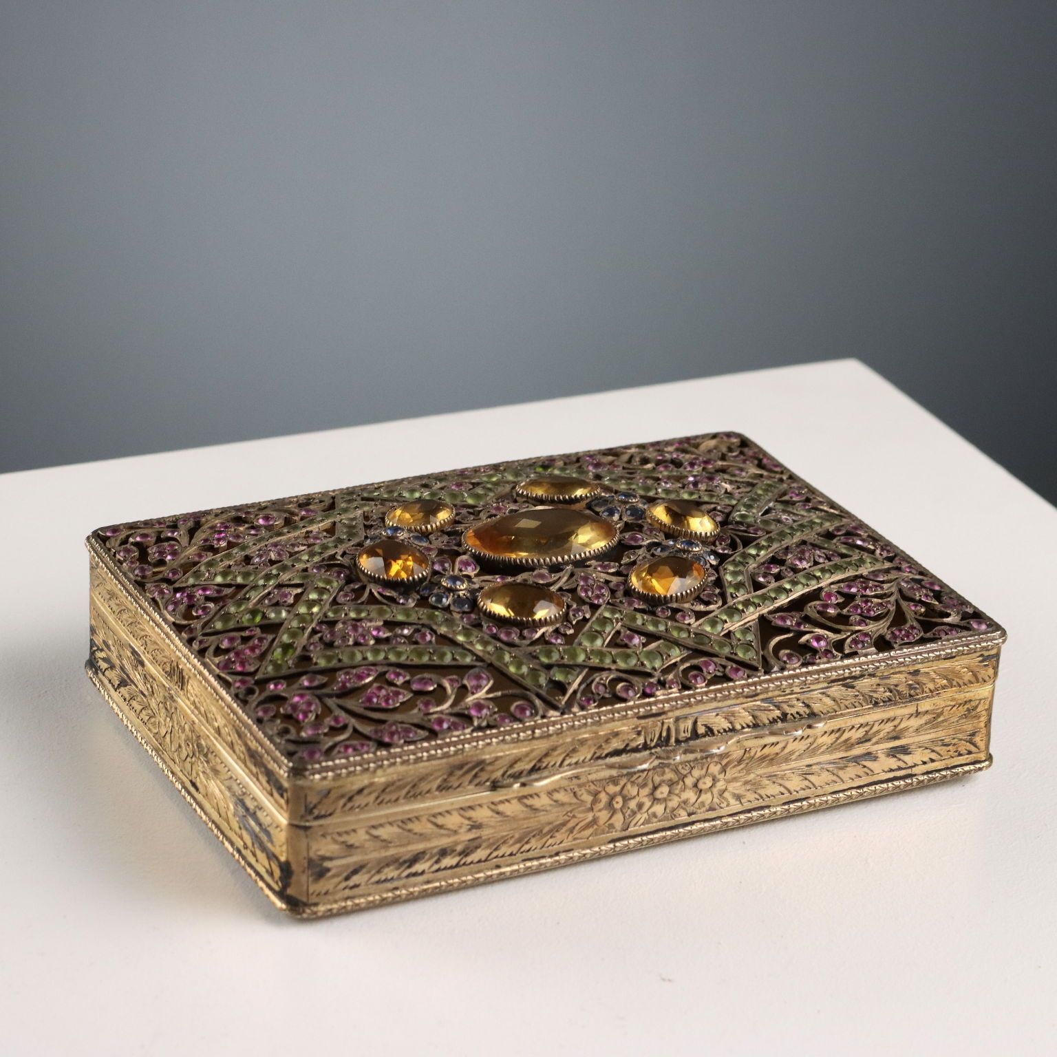 Antique Silver And Glass Stone Box Italy XX Century
