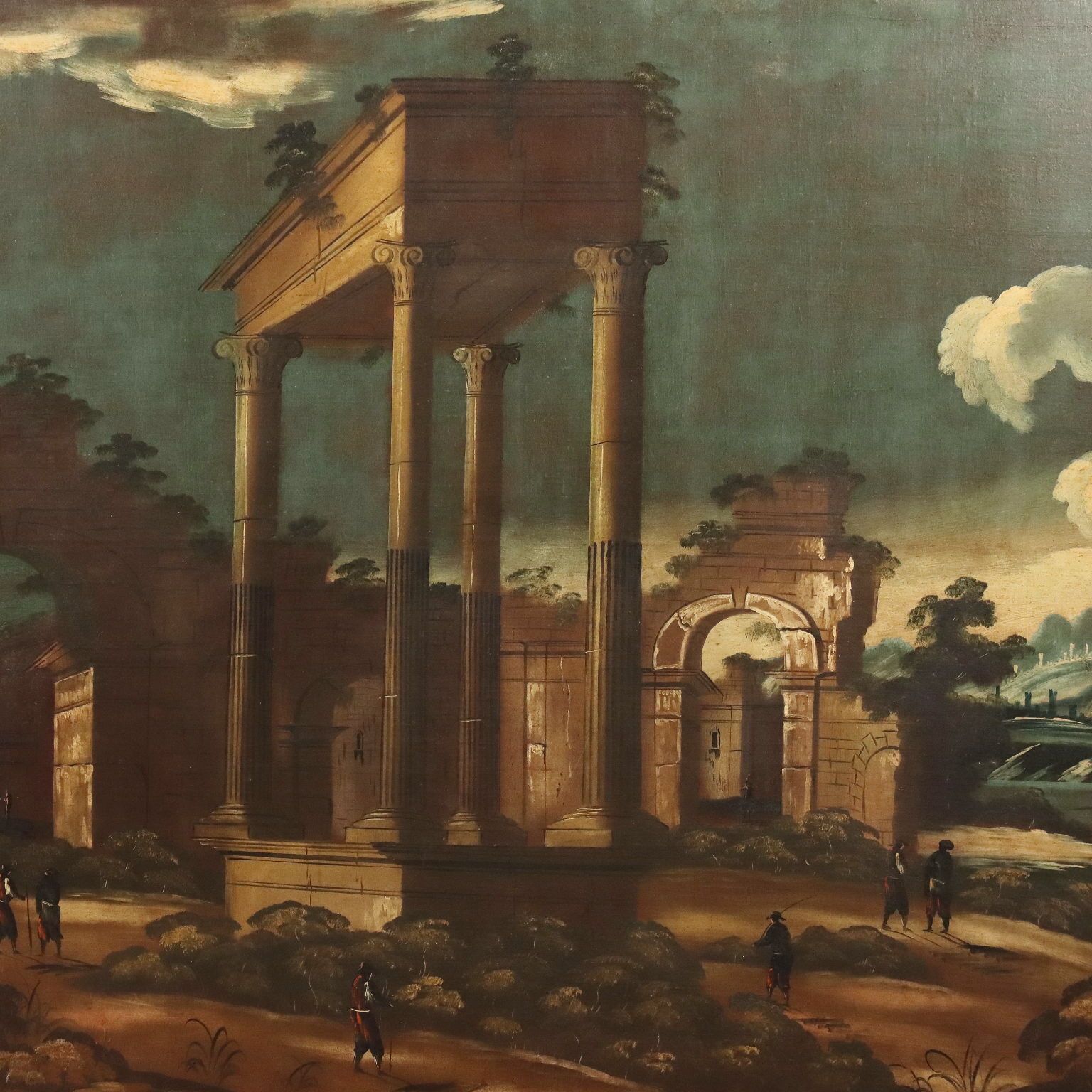 Antique Painting Architectural Landscape Oil On Canvas XVIII Century photo for sale