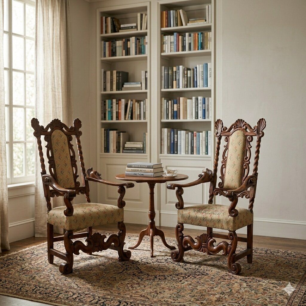Antique Baroque Armchairs Walnut Fabric Italy XVII Century photo furniture